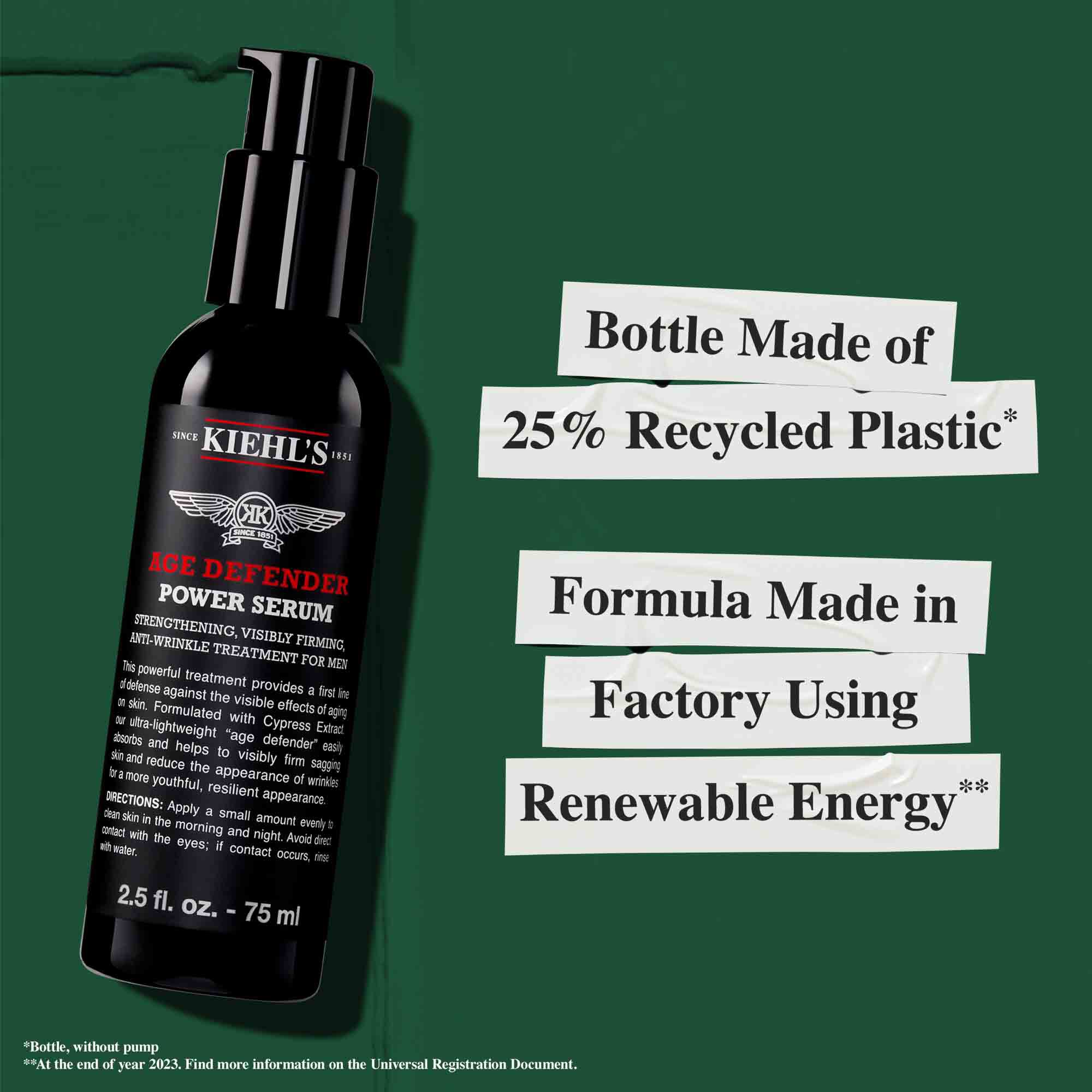 Flacon van Age Defender Power Serum gemaakt van 25% gerecycled plastic; formule geproduceerd in een fabriek die hernieuwbare energie gebruikt.