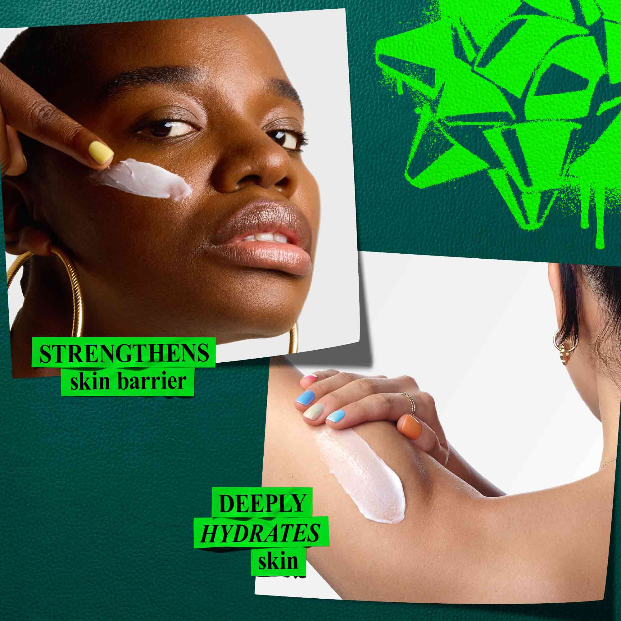 Een afbeelding tegen een donkergroene achtergrond met felgroene elementen toont twee close-up afbeeldingen, elk met een specifiek voordeel benadrukt. De afbeelding linksboven toont een hand die creme aanbrengt op een wang, met de tekst "VERSTERKT de huidbarriere". De afbeelding rechtsonder toont een hand die creme aanbrengt op een arm, met de tekst "VERDIEPT DEEPLY HYDRATES HUID". In de rechterbovenhoek staat een felgroene grafische boog.
