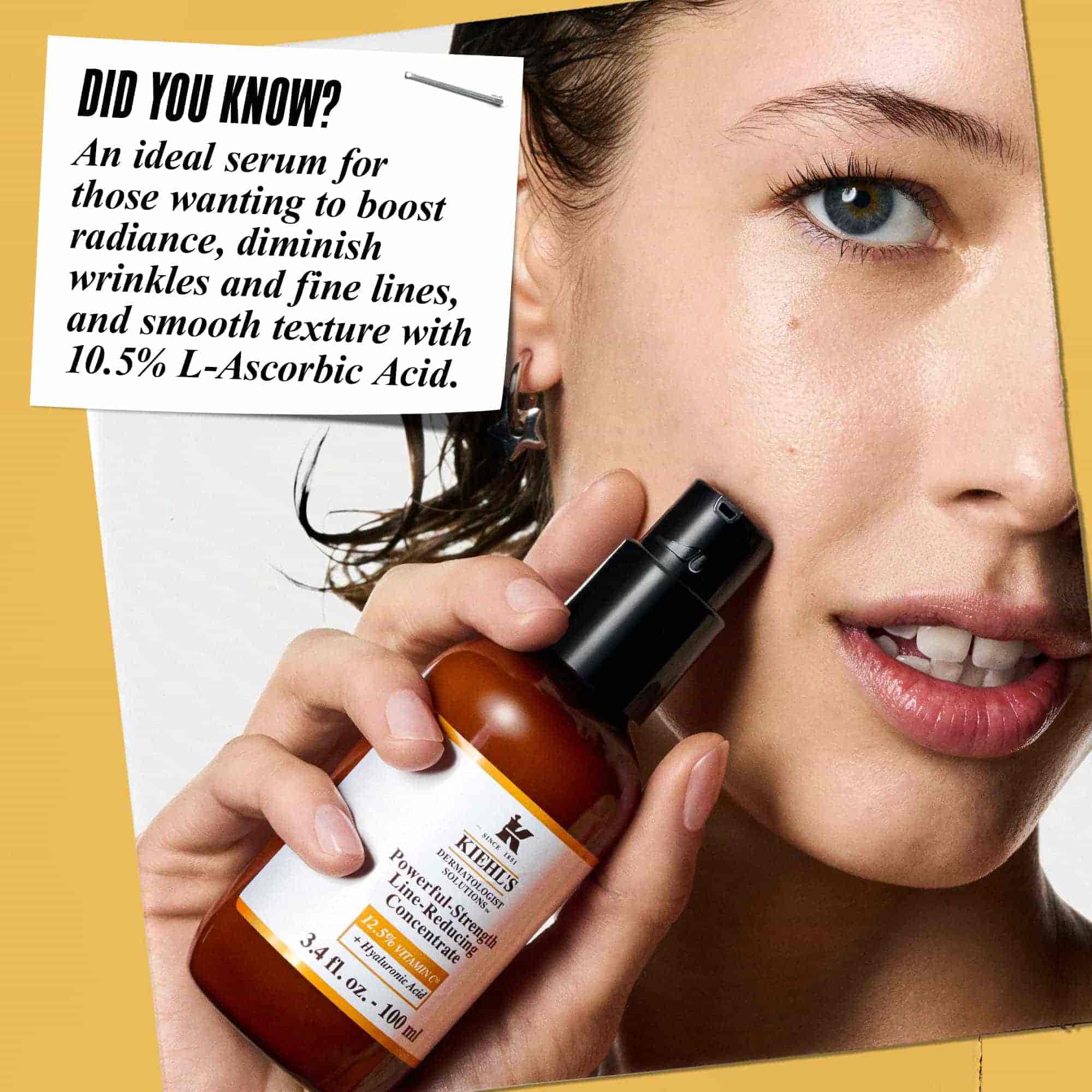 Een persoon die Powerful-Strength Line-Reducing Concentrate op zijn gezicht aanbrengt. Tekst luidt: "Wist je dat? Perfect voor een ongelijkmatige teint, dit zeer effectieve serum is geformuleerd met 12,5% gefragmenteerde Vitamine C en Hyaluronzuur."