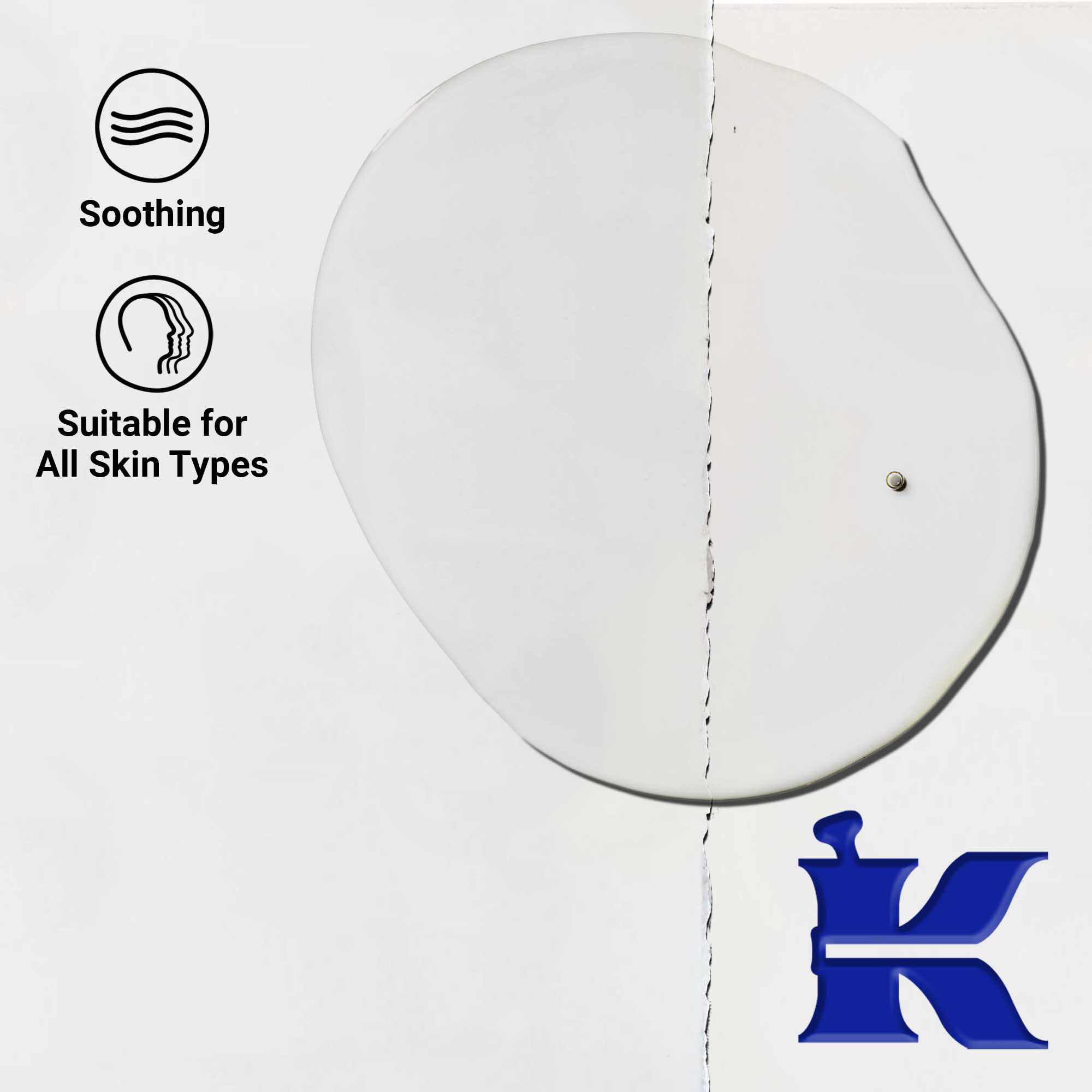 Close-up van de Midnight Recovery Concentrate gezichtsolie textuur. Tekst benadrukt het vermogen om glad te maken en te kalmeren, en de geschiktheid voor alle huidtypes.