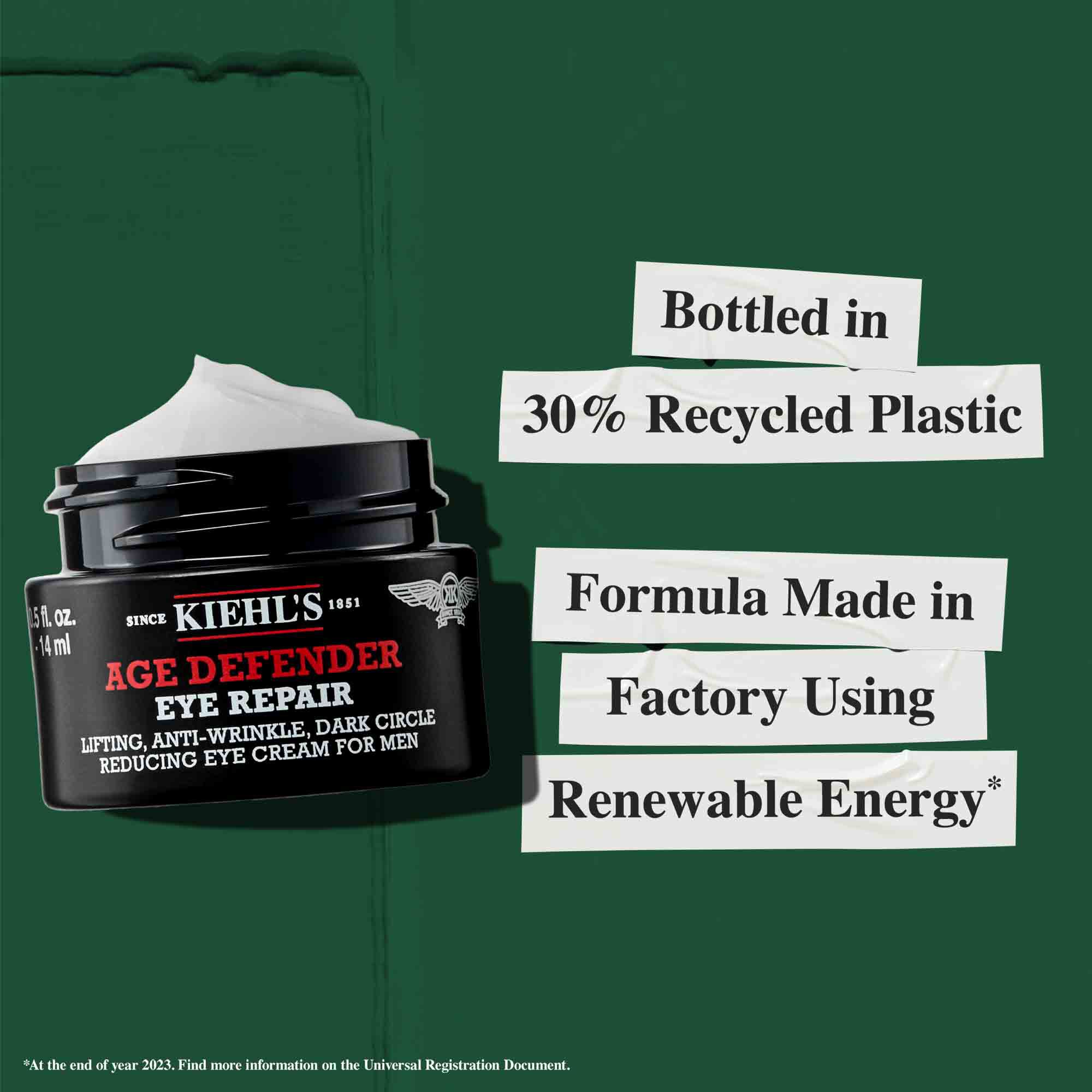 Age Defender Eye Repair pot gemaakt van 30% gerecycled plastic; formule geproduceerd in een fabriek die hernieuwbare energie gebruikt.