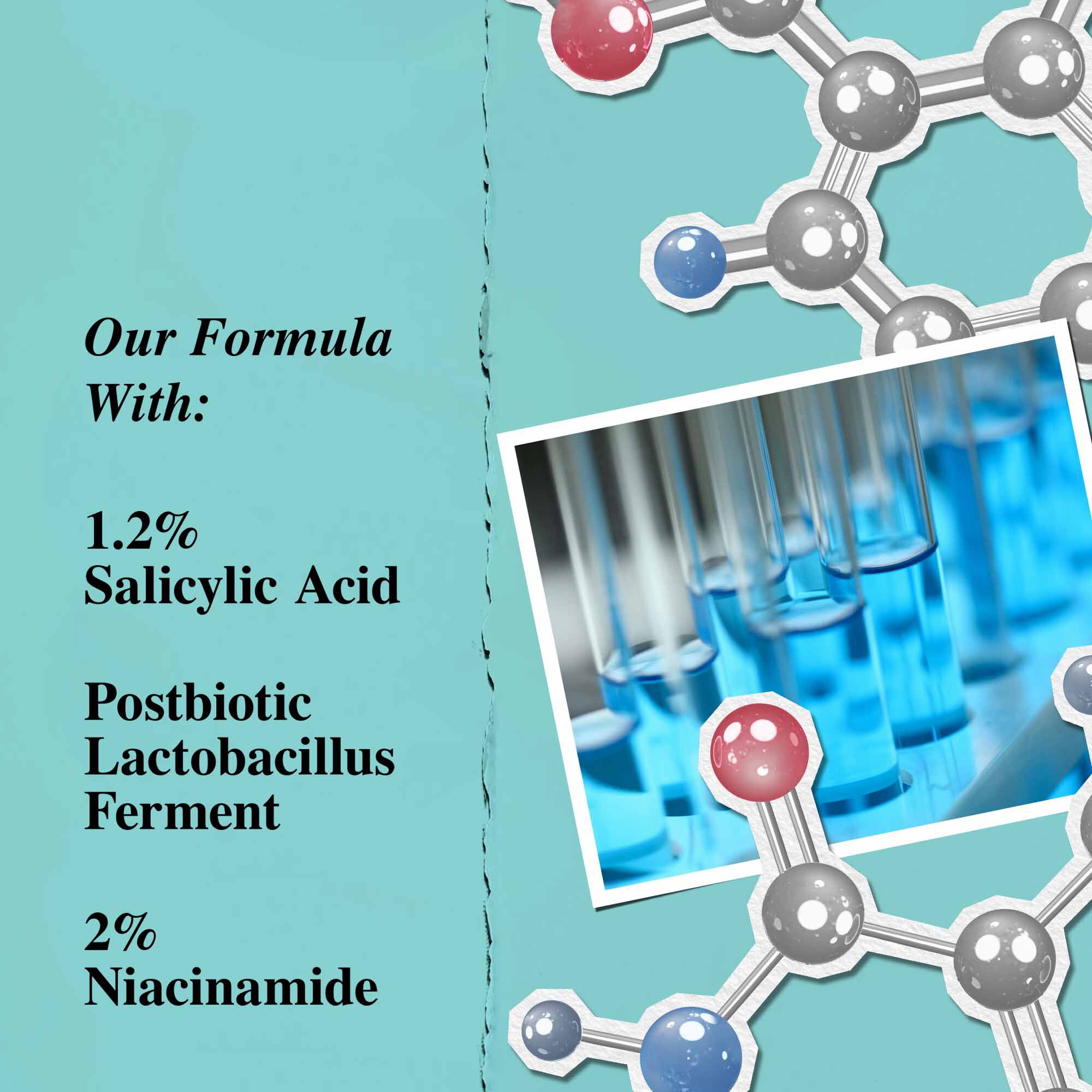 Een grafiek die de belangrijkste ingredienten van Expertly Clear Blemish-Treating & Preventing Lotion benadrukt, waaronder salicylzuur, postbiotisch lactobacillus-ferment en niacinamide.
