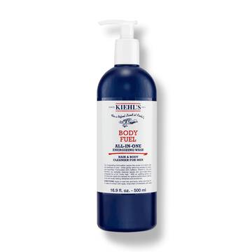 Een flacon Kiehl's Body Fuel All-In-One Energizing Wash tegen een witte achtergrond.