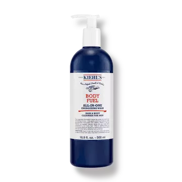 Een flacon Kiehl's Body Fuel All-In-One Energizing Wash tegen een witte achtergrond.
