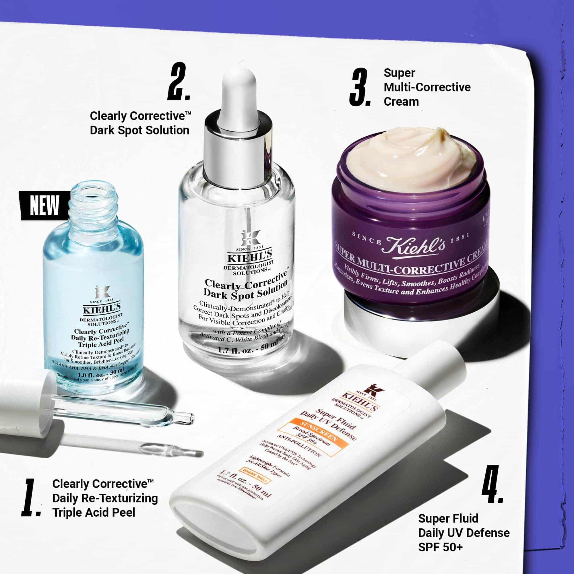 Huidverzorgingsroutine in vier stappen met Clearly Corrective Dark Spot Solution.