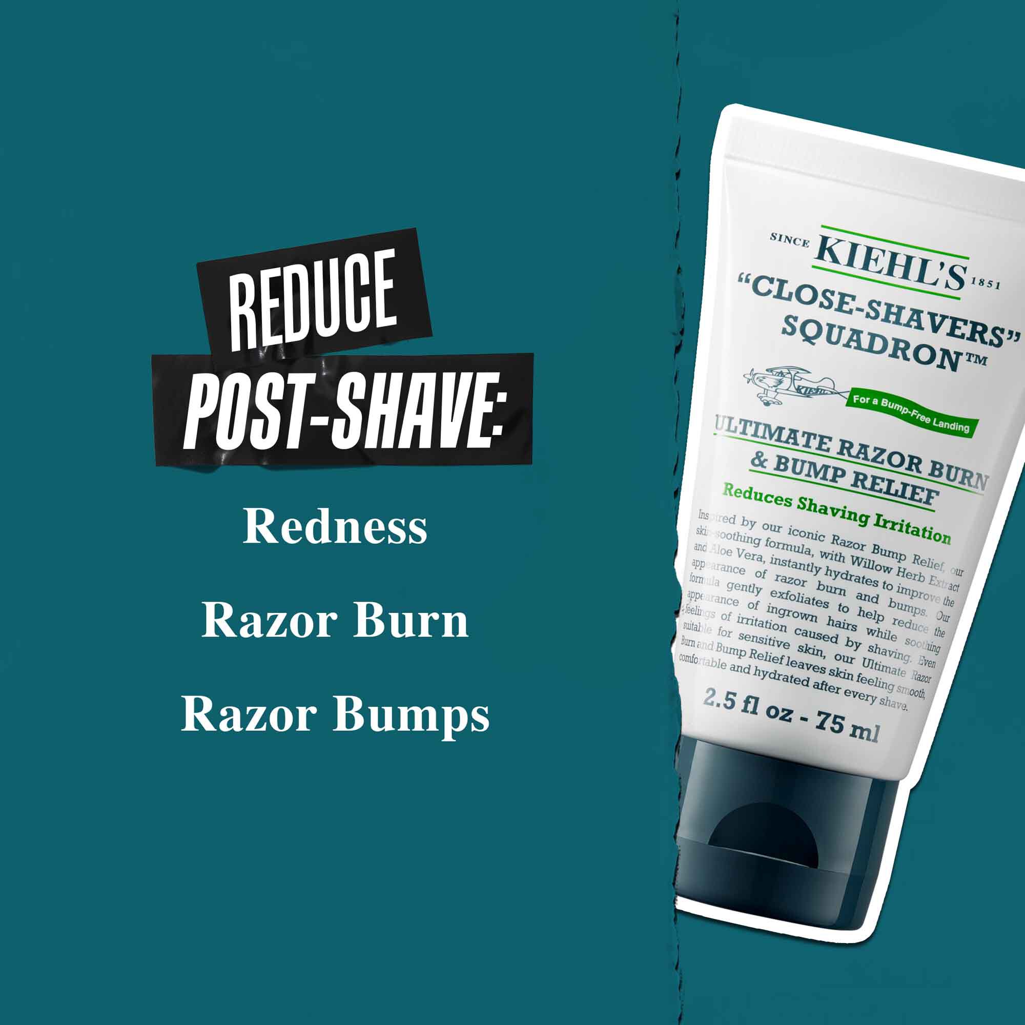 Tube Close Shavers Squadron Smooth Glider Precision Shave Lotion op een groenblauwe achtergrond. Tekst luidt: "Vermindert roodheid na het scheren, scheerbrand en scheerbultjes."