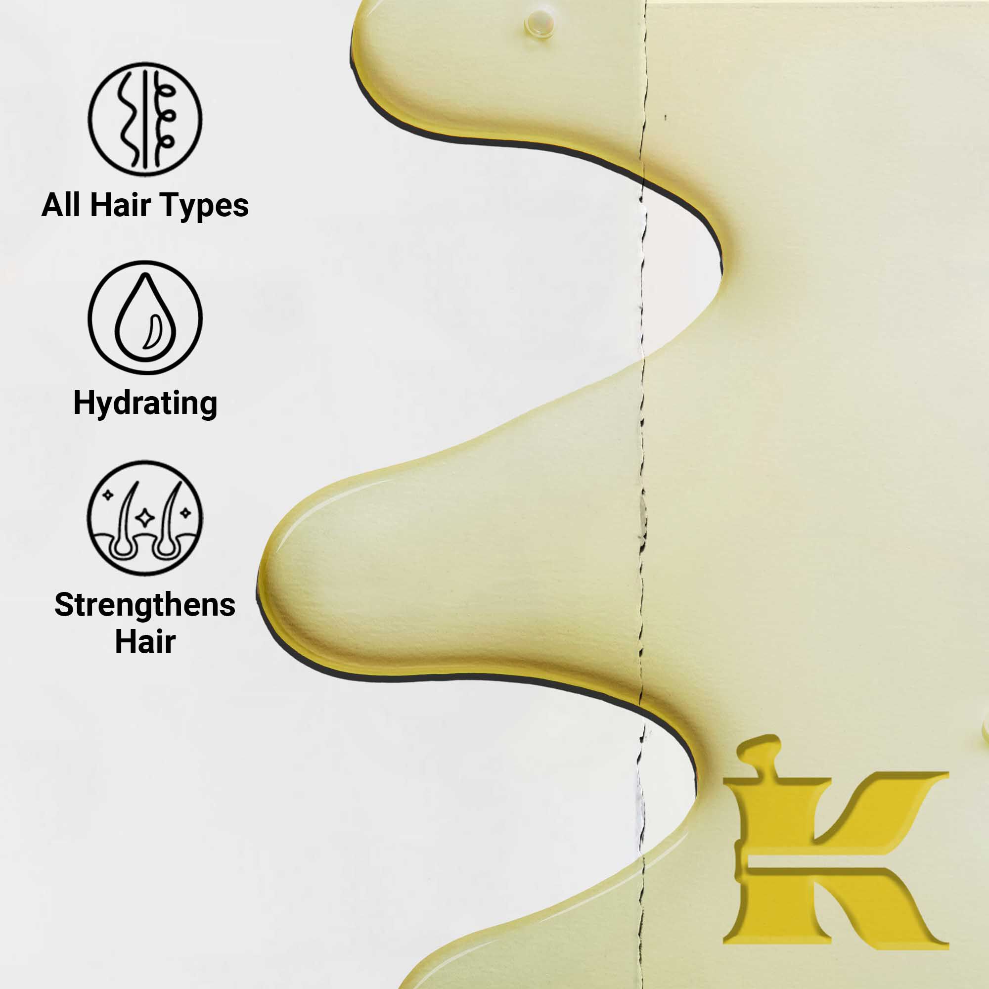 Close-up van de Magic Elixir Hair Oil textuur. Tekst benadrukt dat het hydraterend en lichtgewicht is, en ontworpen om de haartextuur te verbeteren voor alle haartypes.