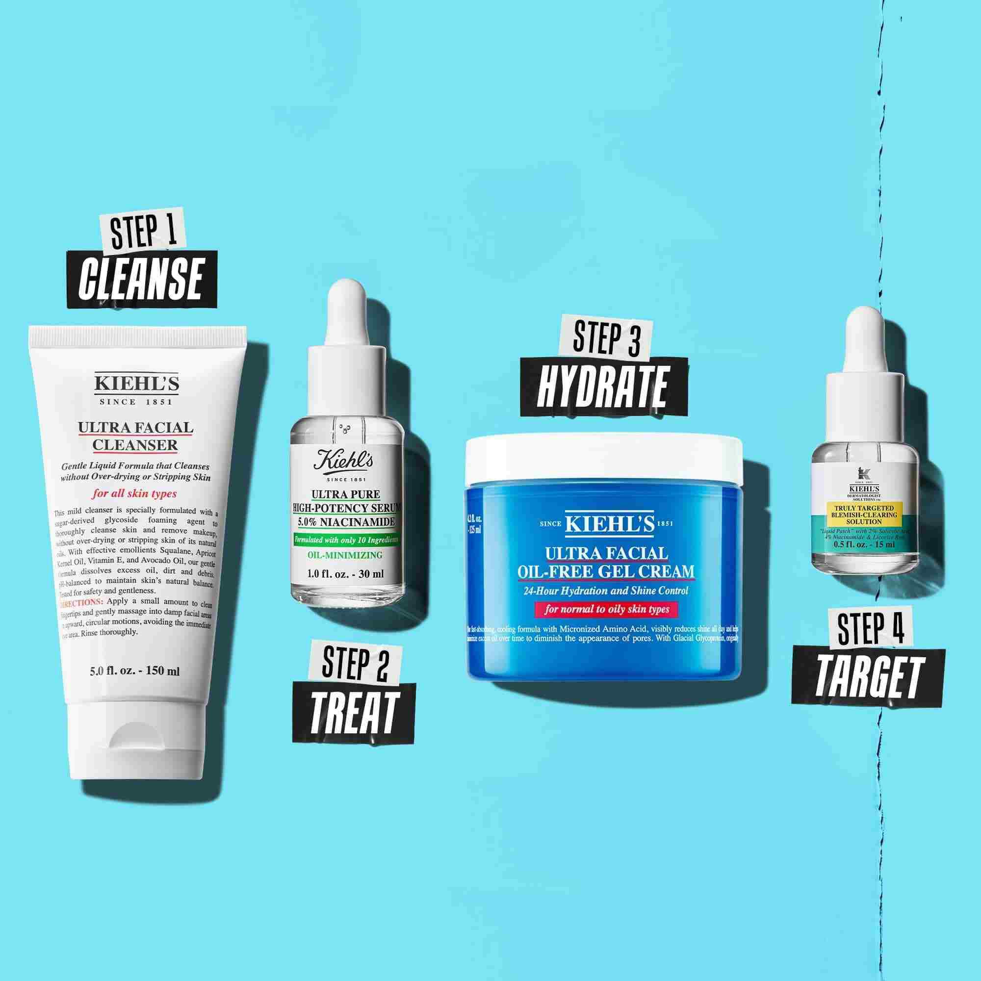 Een routinegrafiek met Ultra Facial Cleanser, Niacinamide, Ultra Facial Oil-Free Gel Cream en Acne Solution.