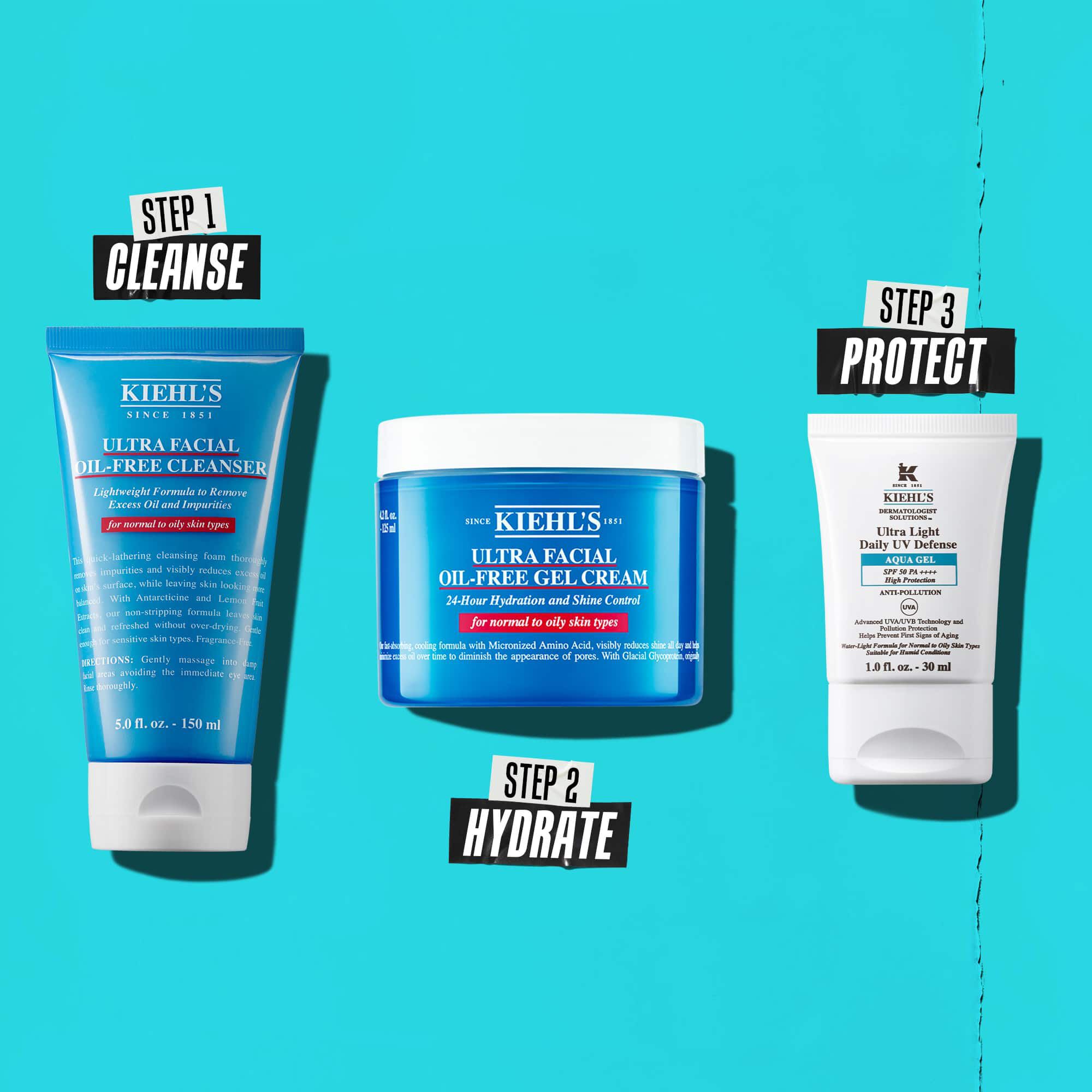 Een routine in drie stappen met Kiehl's producten. Stap 1: Ultra Facial Oil-Free Cleanser. Stap 2: Ultra Facial Oil-Free Gel Cream. Stap 3: Ultra Light Daily UV Defense Aqua Gel.