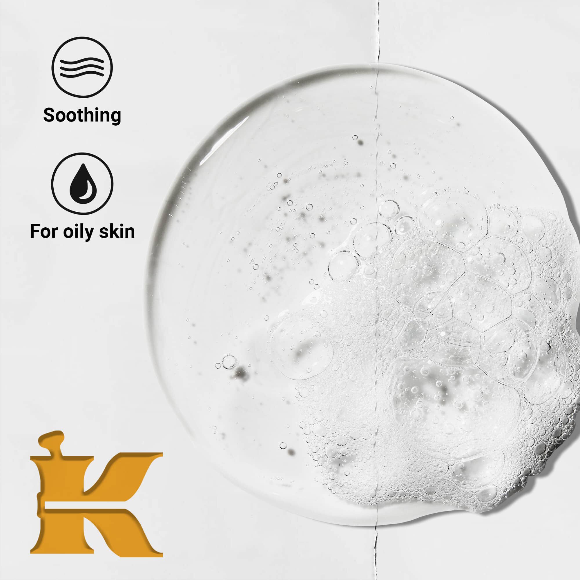 Foto van de producttextuur met iconen die aangeven dat het kalmerend is en geformuleerd voor de vette huid