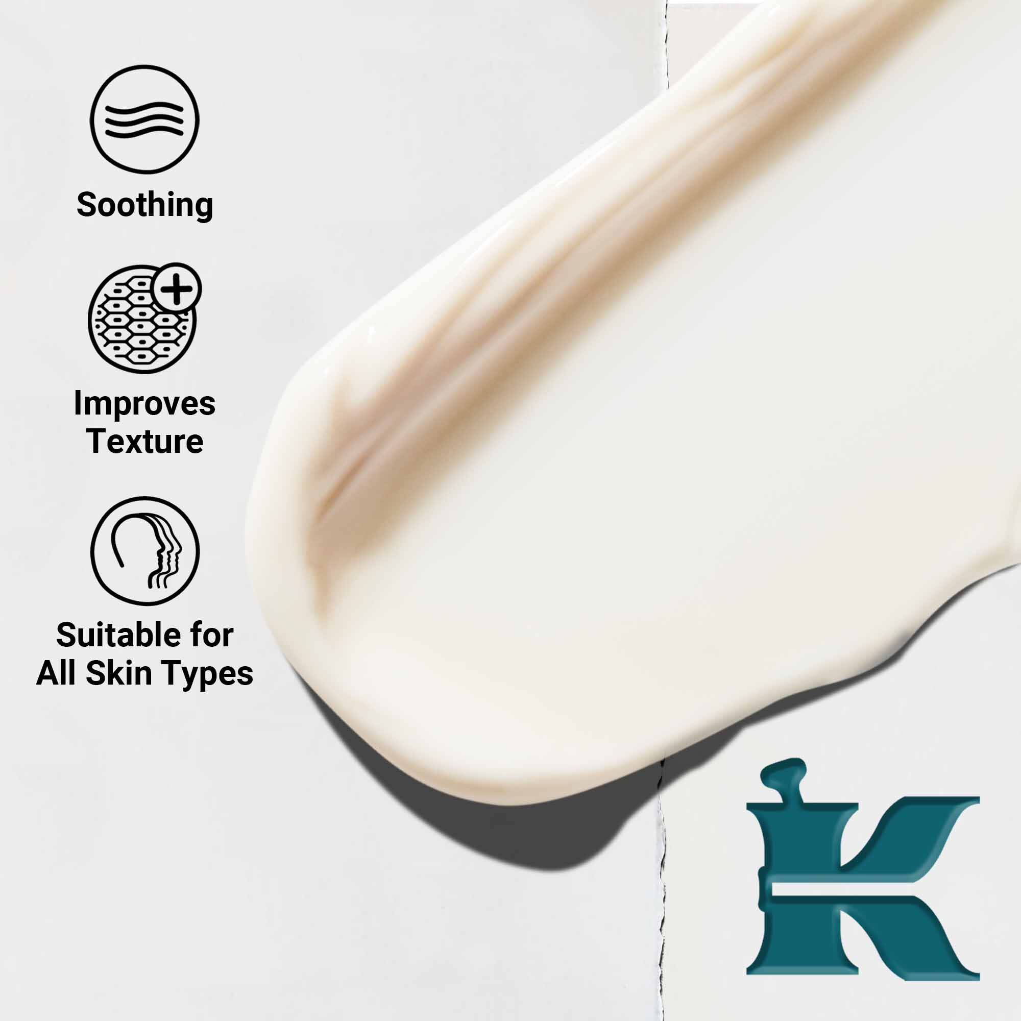 Close-up van de Kiehl's Close Shavers Squadron Smooth Glider Precision Shave Lotion textuur. Tekst benadrukt de gladmakende en textuurverbeterende kwaliteiten, geschikt voor alle huidtypes.