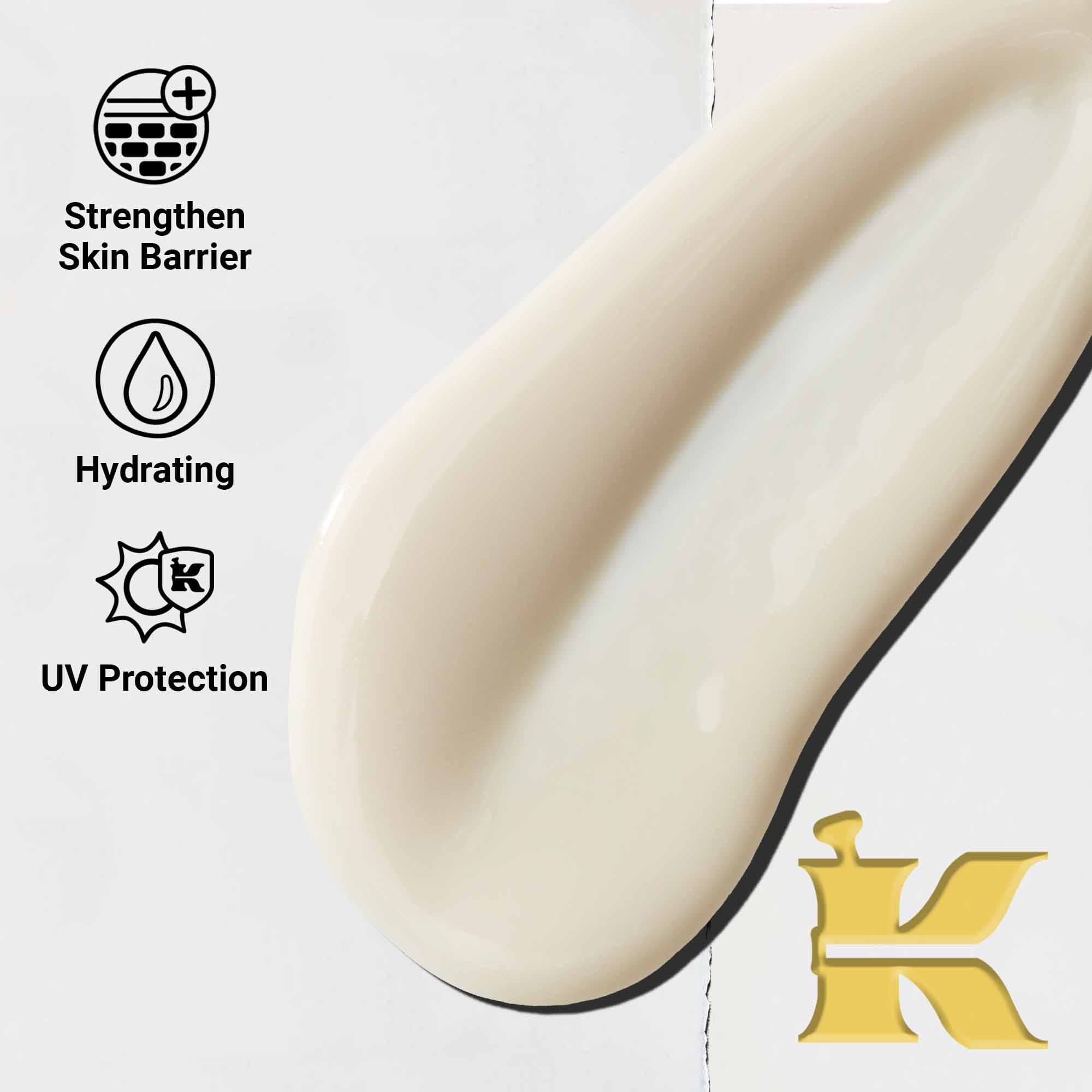Close-up van de Ultra-Light Daily UV Defense textuur. Tekst benadrukt de lichtgewicht, hydraterende en breedspectrum UV-bescherming.