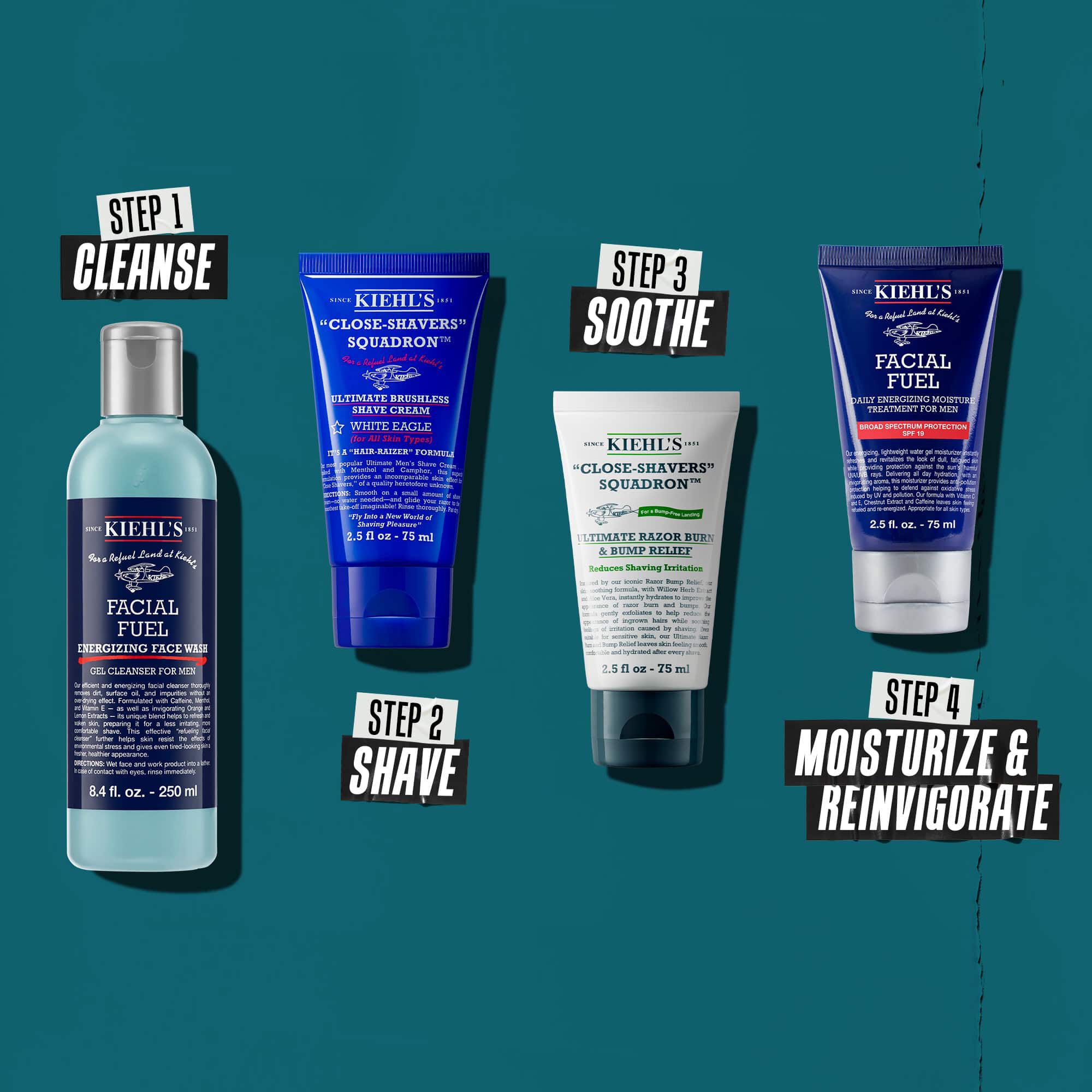 Vier Kiehl’s producten voor een huidverzorgingsroutine voor mannen: Reinigen, Scheren, Kalmeren en Hydrateren/Verkwikken