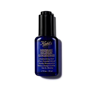 Een fles van 30 ml Kiehl's Midnight Recovery Concentrate gezichtsolie tegen een witte achtergrond.