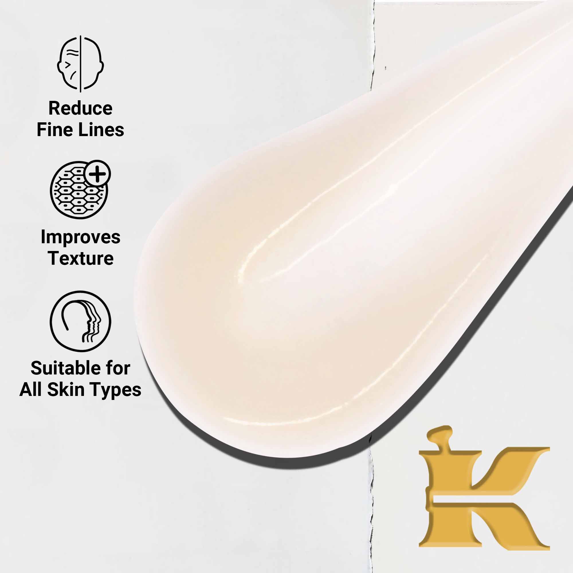 Close-up van de Powerful-Strength Line-Reducing Concentrate textuur. Tekst benadrukt het vermogen om fijne lijntjes te verminderen, de textuur te verbeteren en de geschiktheid voor alle huidtypes.