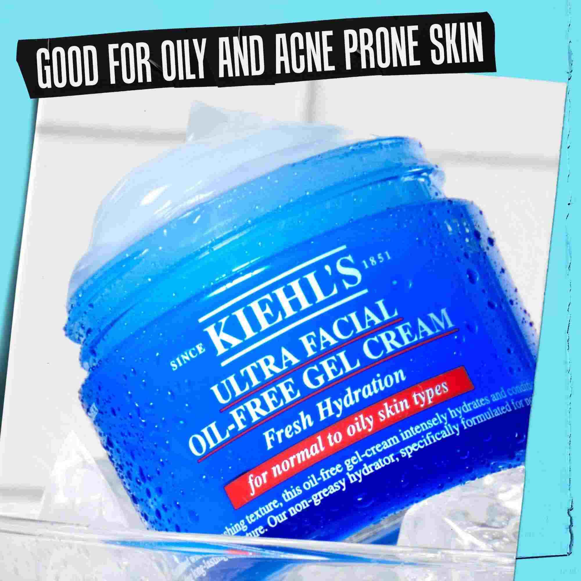 Een pot Ultra Facial Oil-Free Gel Cream gelabeld "Goed voor vette en acne-gevoelige huid."