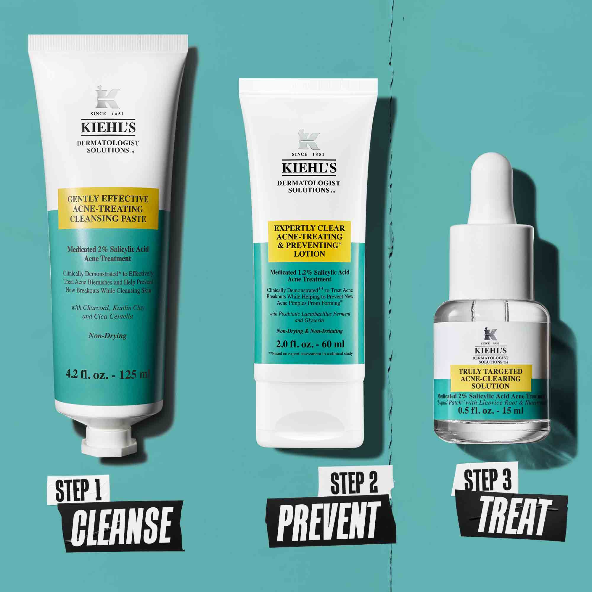 Een routine in drie stappen tegen onzuiverheden met Kiehl's producten. Stap 1: Blemish-Treating Cleansing Paste. Stap 2: Blemish-Treating & Preventing Lotion. Stap 3: Truly-Targeted Blemish-Clearing Solution.