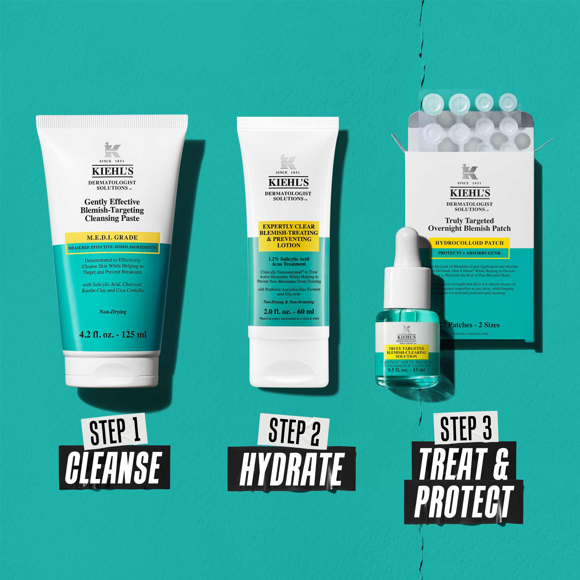 Kiehl’s acne regimen image showing three steps: cleanser, hydrating treatment, and duo of serum plus overnight blemish patches labeled “Step 1 Cleanse,” “Step 2 Hydrate,” “Step 3 Treat & Protect.” 