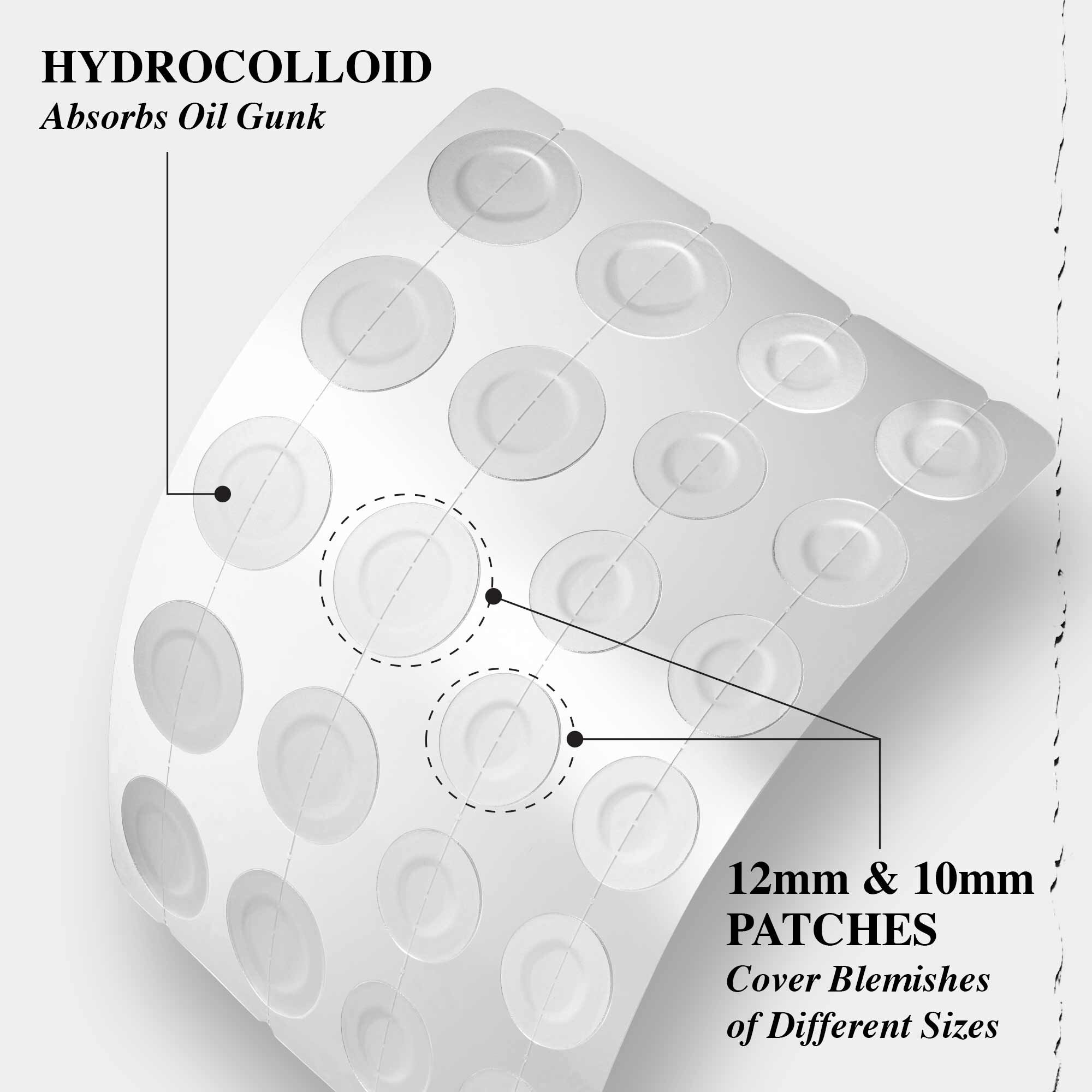 A sheet of hydrocolloid patches in 12mm and 10mm sizes to absorb oil and cover blemishes of different sizes.