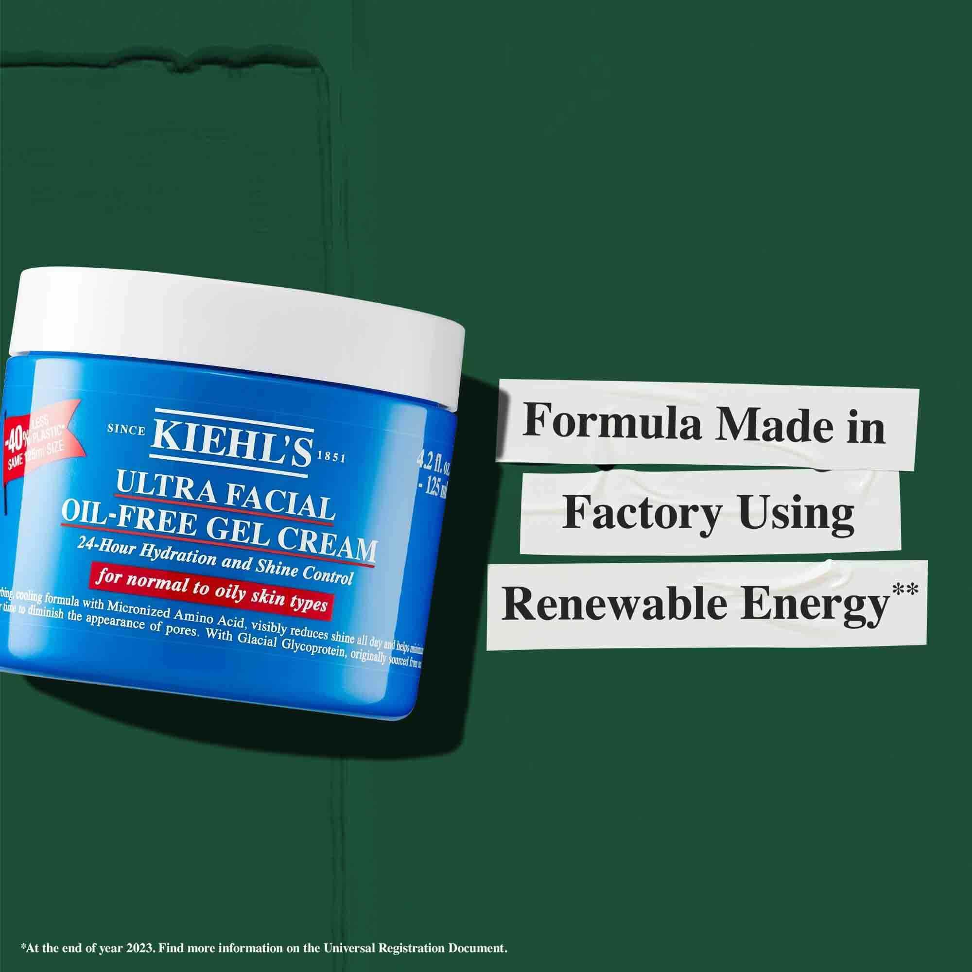 Een pot Ultra Facial Oil-Free Gel Cream met de tekst "Formule geproduceerd in een fabriek die hernieuwbare energie gebruikt."