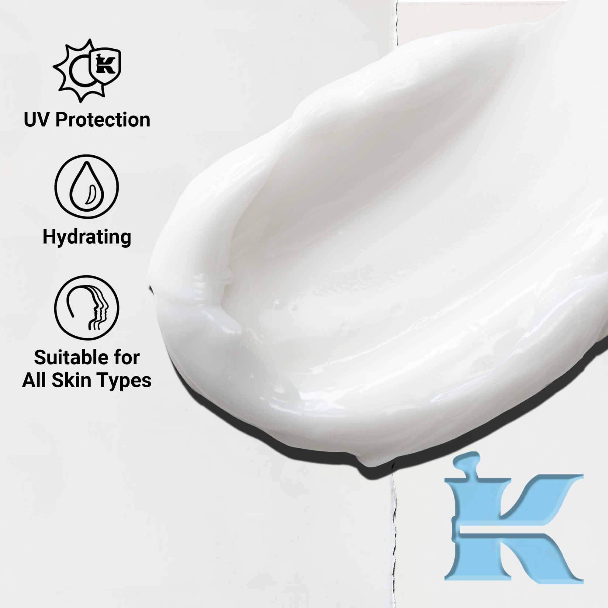 Close-up van de Ultra Facial Cream SPF 30 textuur die een lichtgewicht, romige formule toont. Tekst benadrukt UV-bescherming en hydraterende voordelen.