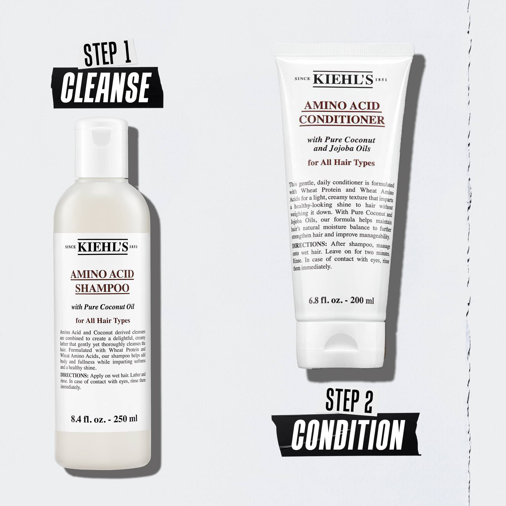 Kiehl's Aminozuur haarverzorgingsroutine illustratie met flesjes – Stap 1 Reiniging Stap 2 Conditie