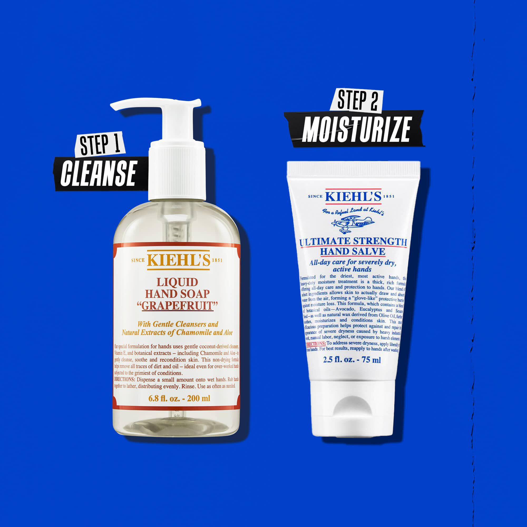 Illustratie van de Kiehl's Ultimate Strength Hand Salve-routine - Reinigen, Hydrateren