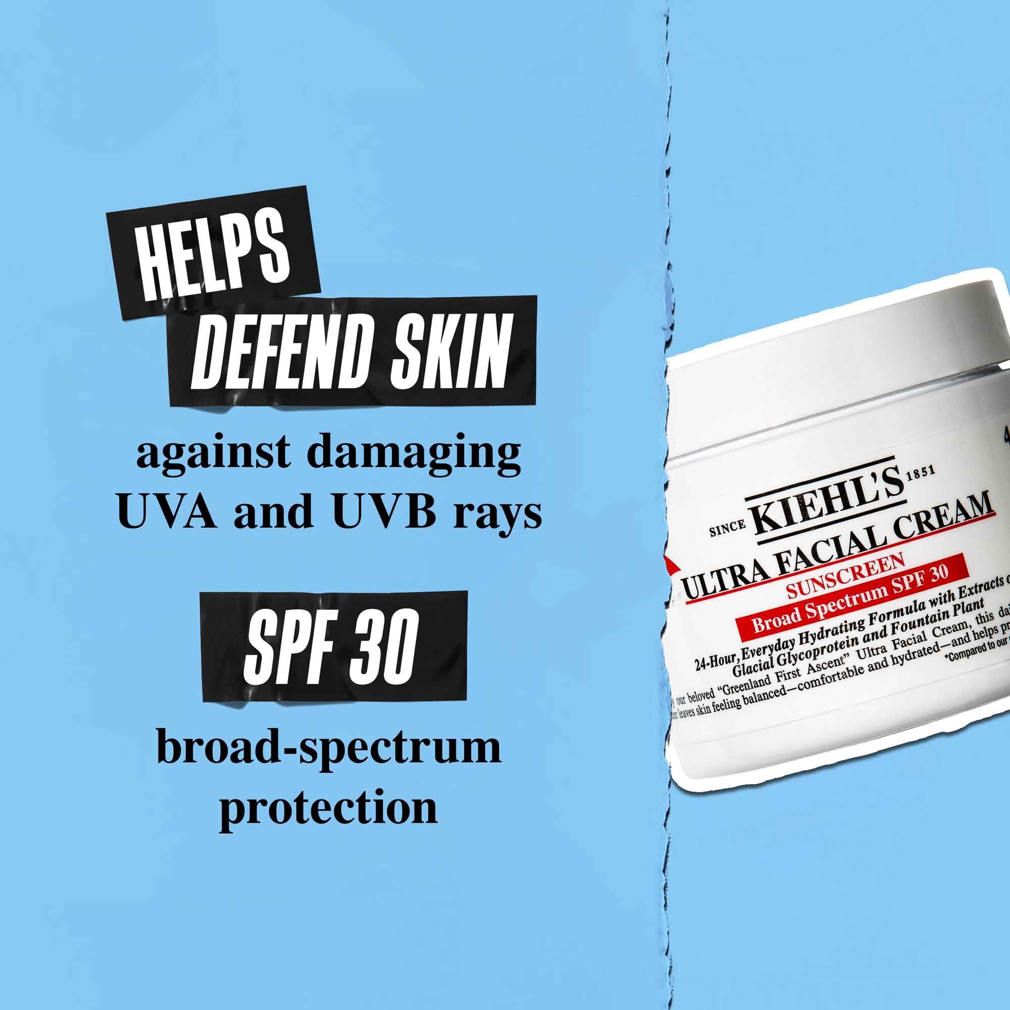 Een pot Ultra Facial Cream SPF 30 tegen een blauwe achtergrond met de tekst: "Helpt de huid te beschermen tegen schadelijke UVA- en UVB-stralen. SPF 30 breedspectrumbescherming."