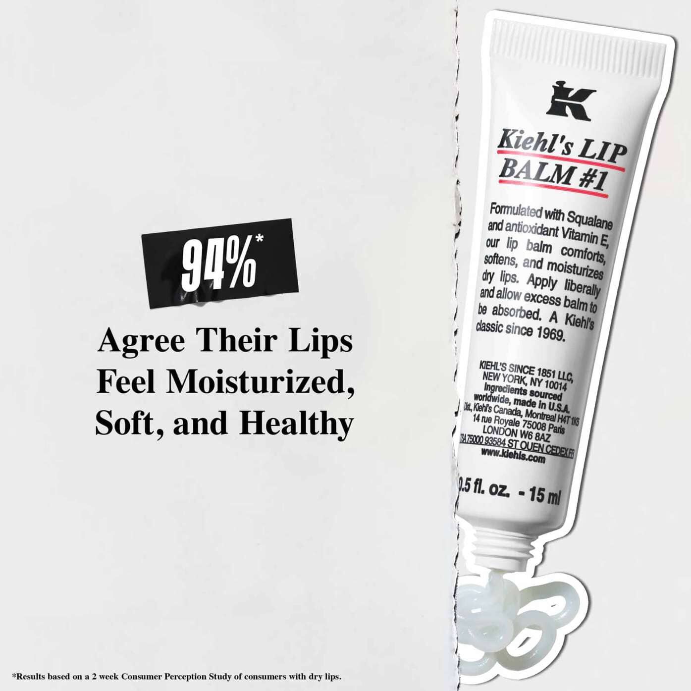 Een tube Lip Balm #1 tegen een witte achtergrond met de tekst: "94% is het ermee eens dat hun lippen gehydrateerd, zacht en gezond aanvoelen."