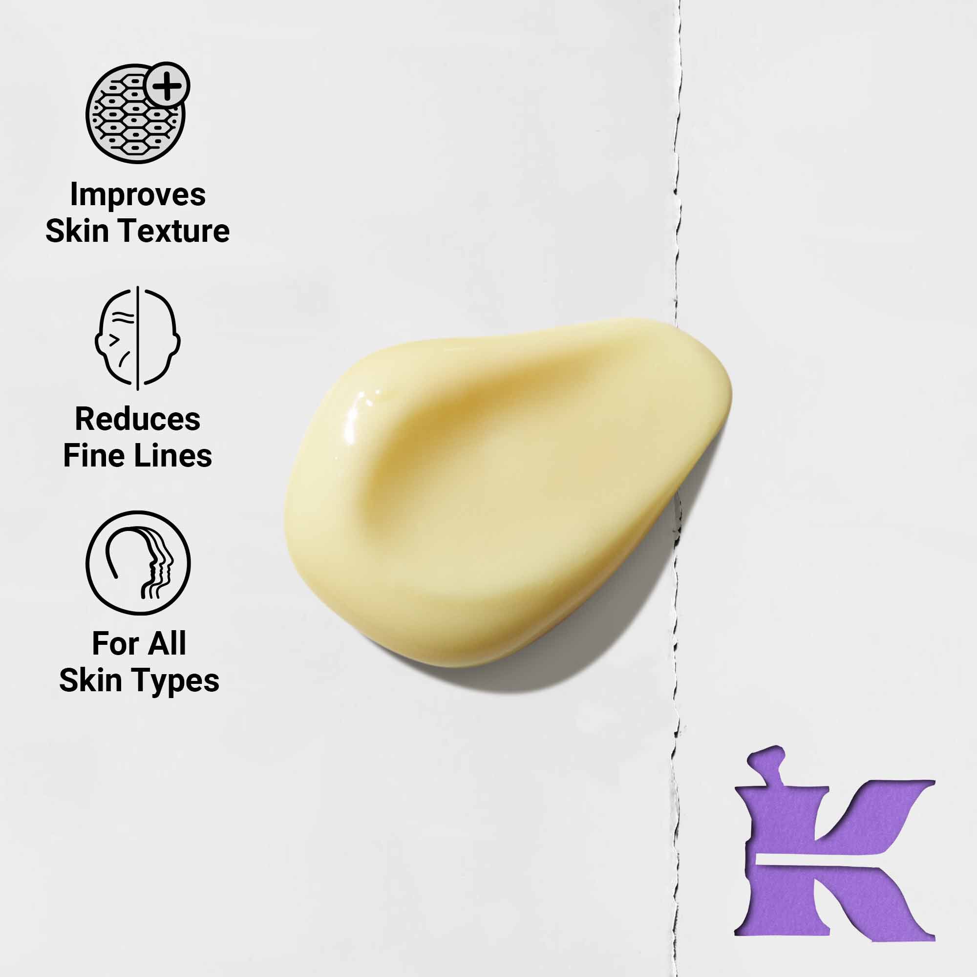 Foto van de textuur met iconen: vermindert fijne lijntjes en is geformuleerd voor alle huidtypes