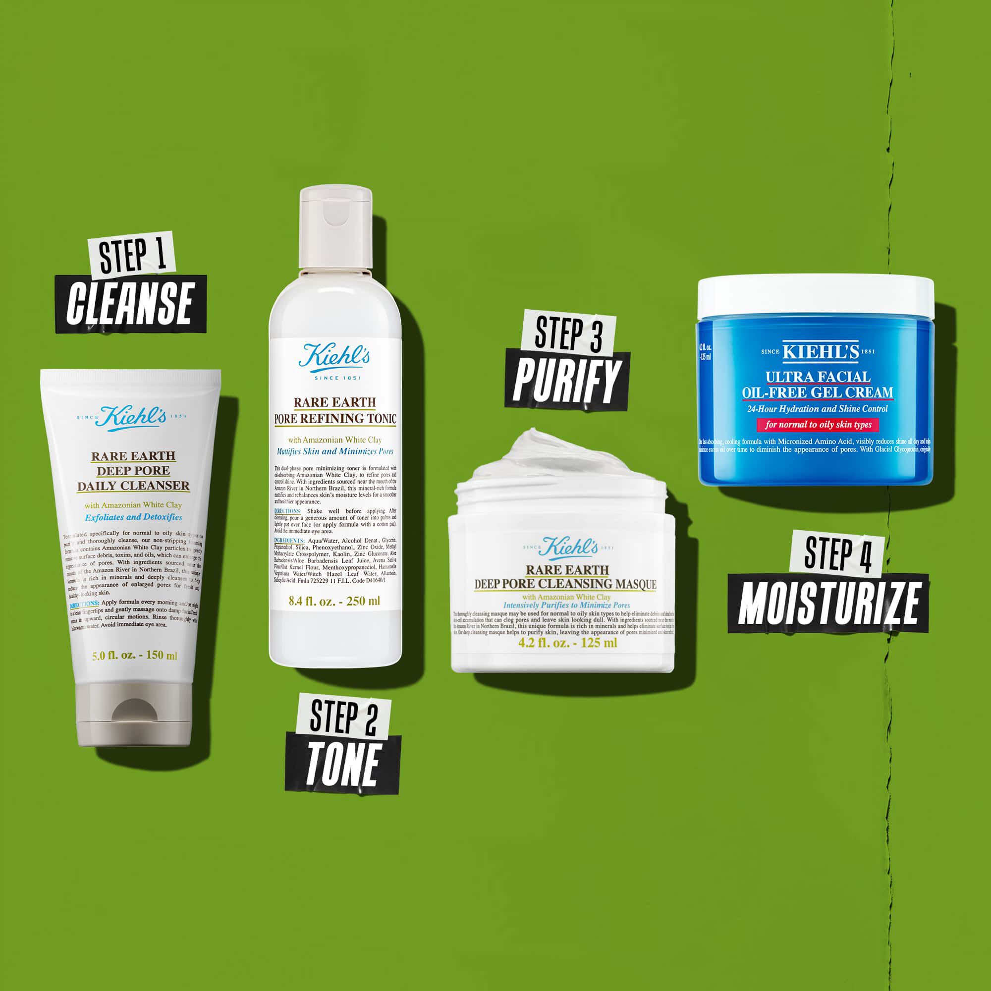 Vier Kiehl's producten die een huidverzorgingsroutine vertegenwoordigen. Van links naar rechts: Rare Earth Deep Pore Cleanser, Rare Earth Pore Minimizing Lotion, Rare Earth Pore Cleansing Masque en Ultra Facial Oil-Free Gel Cream.