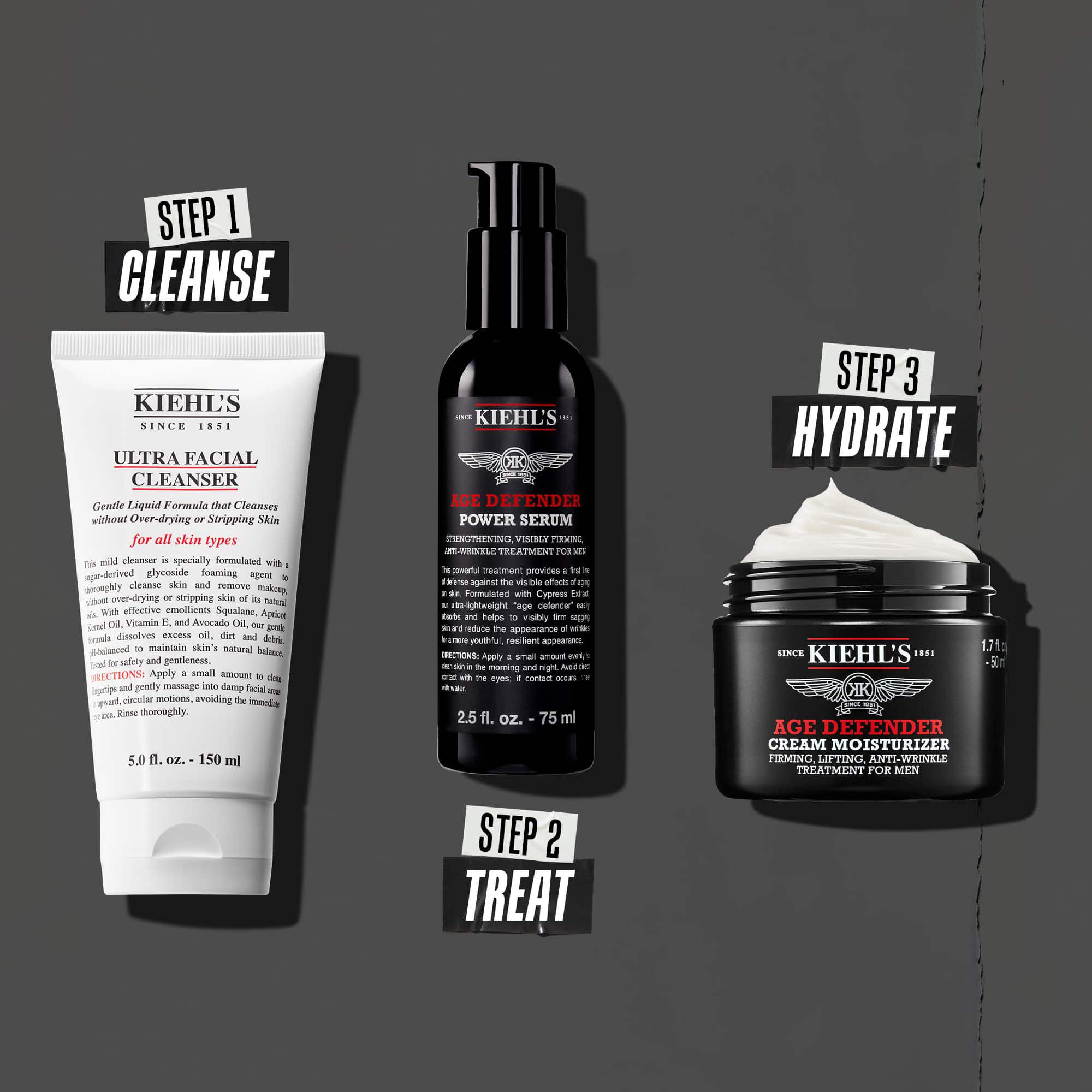 Drie-staps Age Defender-routine: Stap 1: Oogverzorging. Stap 2: Hydraterend serum. Stap 3: Herstellende creme.