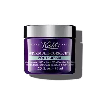 A graphic featuring a purple jar of Kiehl's Super Multi-Corrective Soft Cream with a silver lid and a label with white text that reads “75 ml".