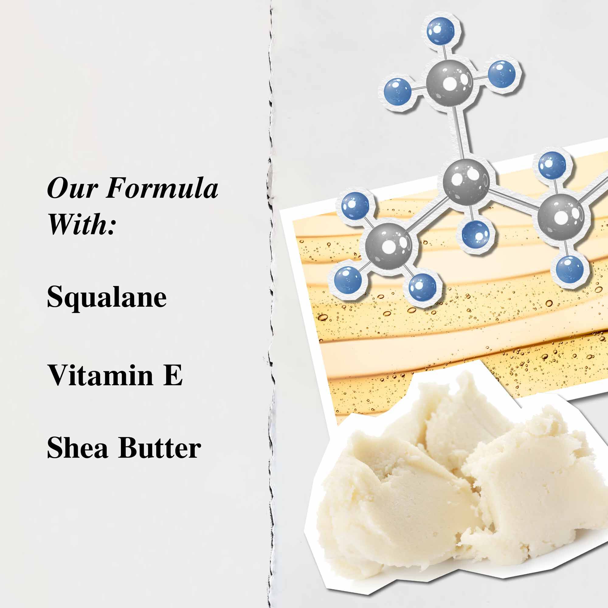 Een grafiek die de belangrijkste ingredienten van Lip Balm #1 benadrukt: sheaboter, squalaan en vitamine E.
