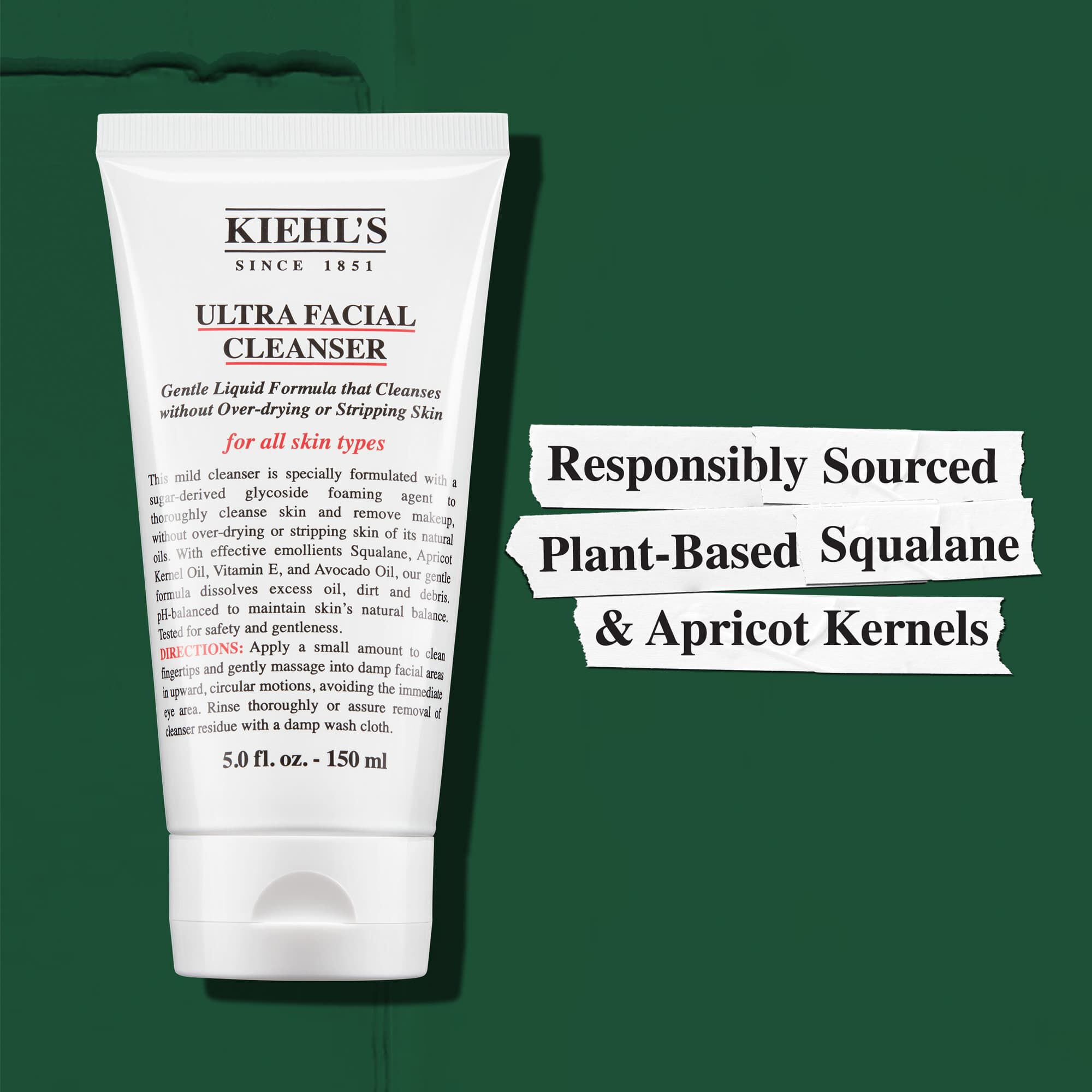 Kiehl's Ultra Facial Cleanser bevat verantwoord gewonnen plantaardige squalaan & abrikozenpitten