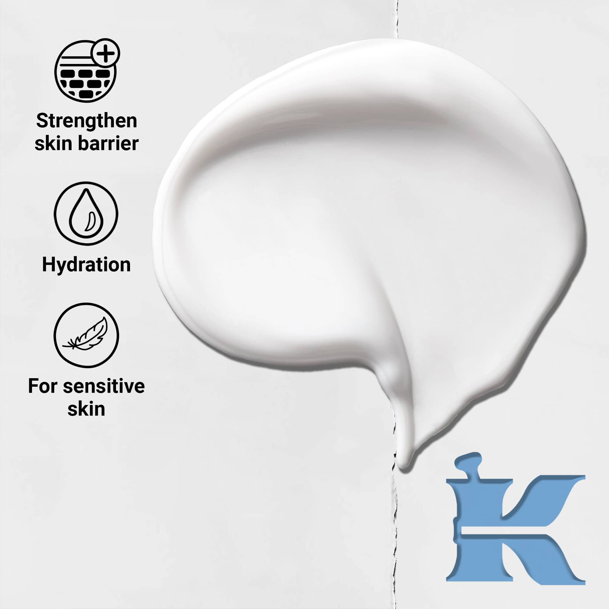 Textuurfoto en iconen voor Ultra Facial Moisturizer: versterkt de huidbarriere, hydratatie, gevoelige huid