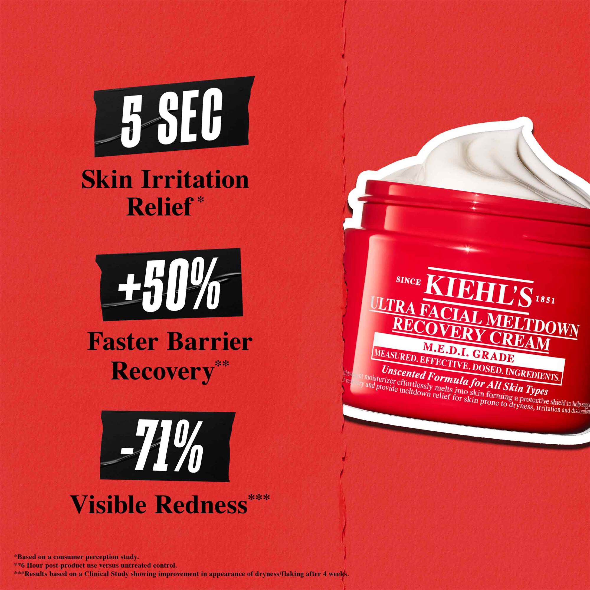 Rode achtergrond met pot creme. Tekst: Verzacht huidirritatie in 5 sec, +50% sneller barriereherstel en -71% zichtbare roodheid.
