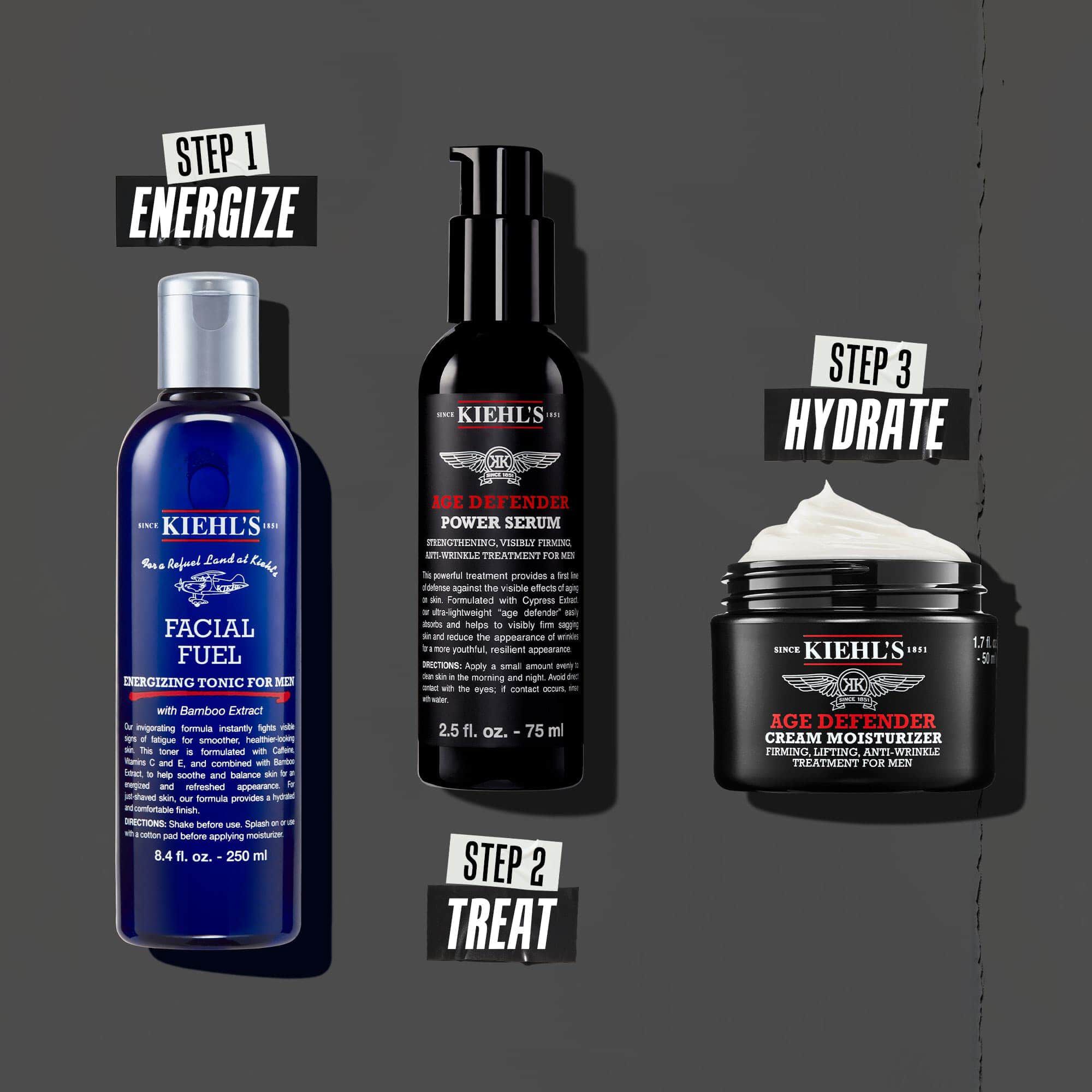 Drie-staps Age Defender-routine: Stap 1: Oogverzorging. Stap 2: Hydraterend serum. Stap 3: Herstellende creme.