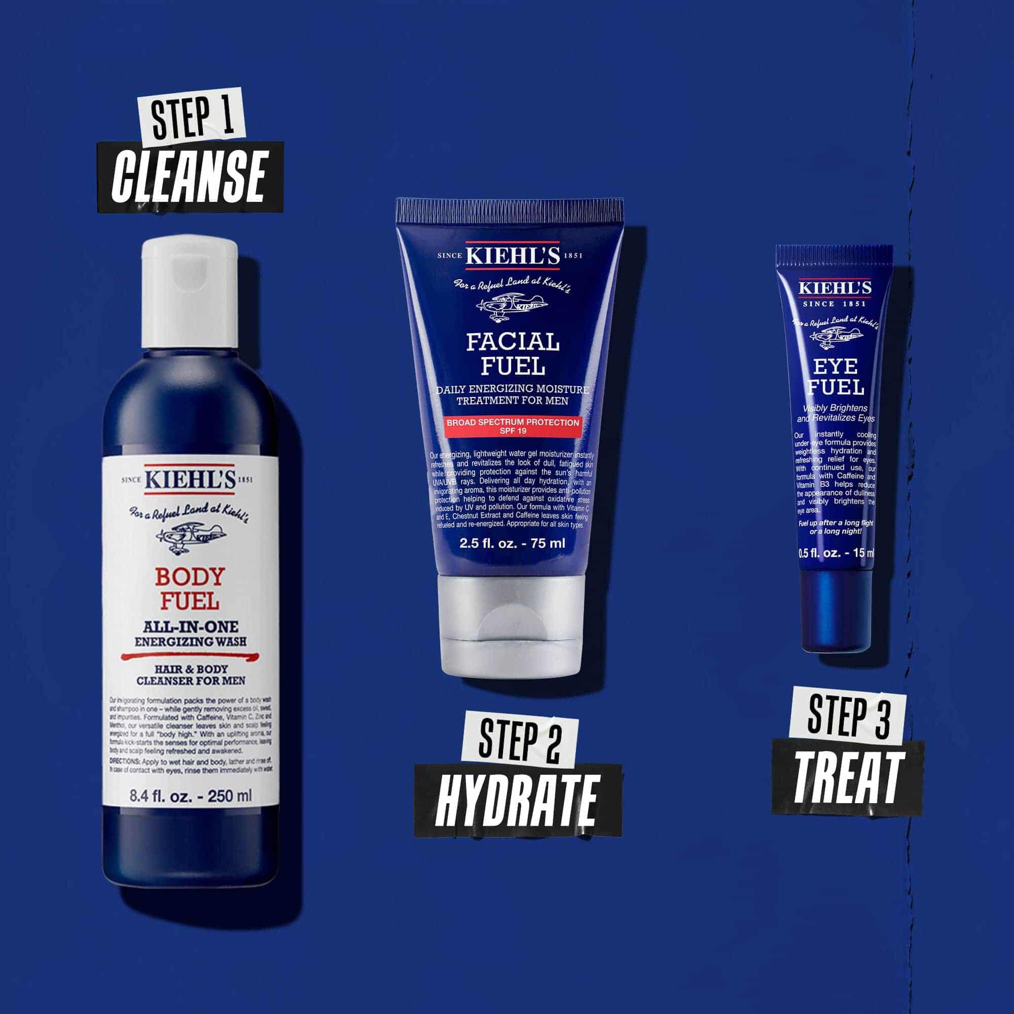 Drie-staps Body Fuel-routine: Stap 1: Wassen. Stap 2: Hydrateren met Facial Fuel Treatment. Stap 3: Facial Fuel Eye Fuel Oogcreme.