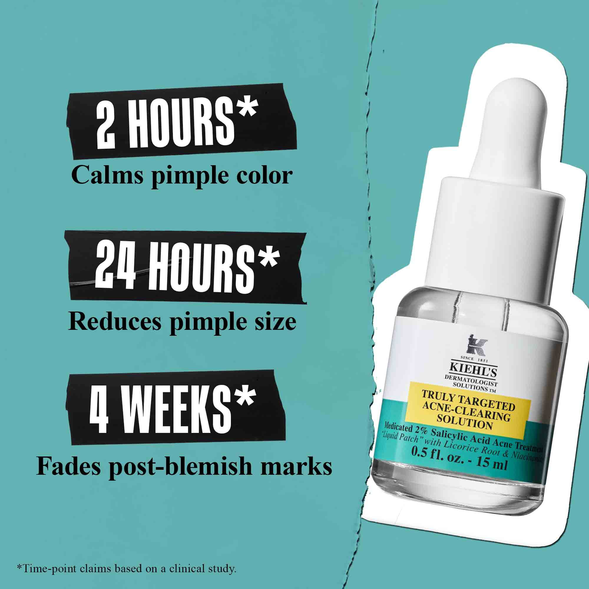 Een flesje Truly-Targeted Blemish-Clearing Solution tegen een groene achtergrond met de tekst "2 Uur* Kalmeert de kleur van puistjes", "24 Uur* Vermindert de grootte van puistjes" en "4 Weken* Vervaagt vlekjes na onzuiverheden".