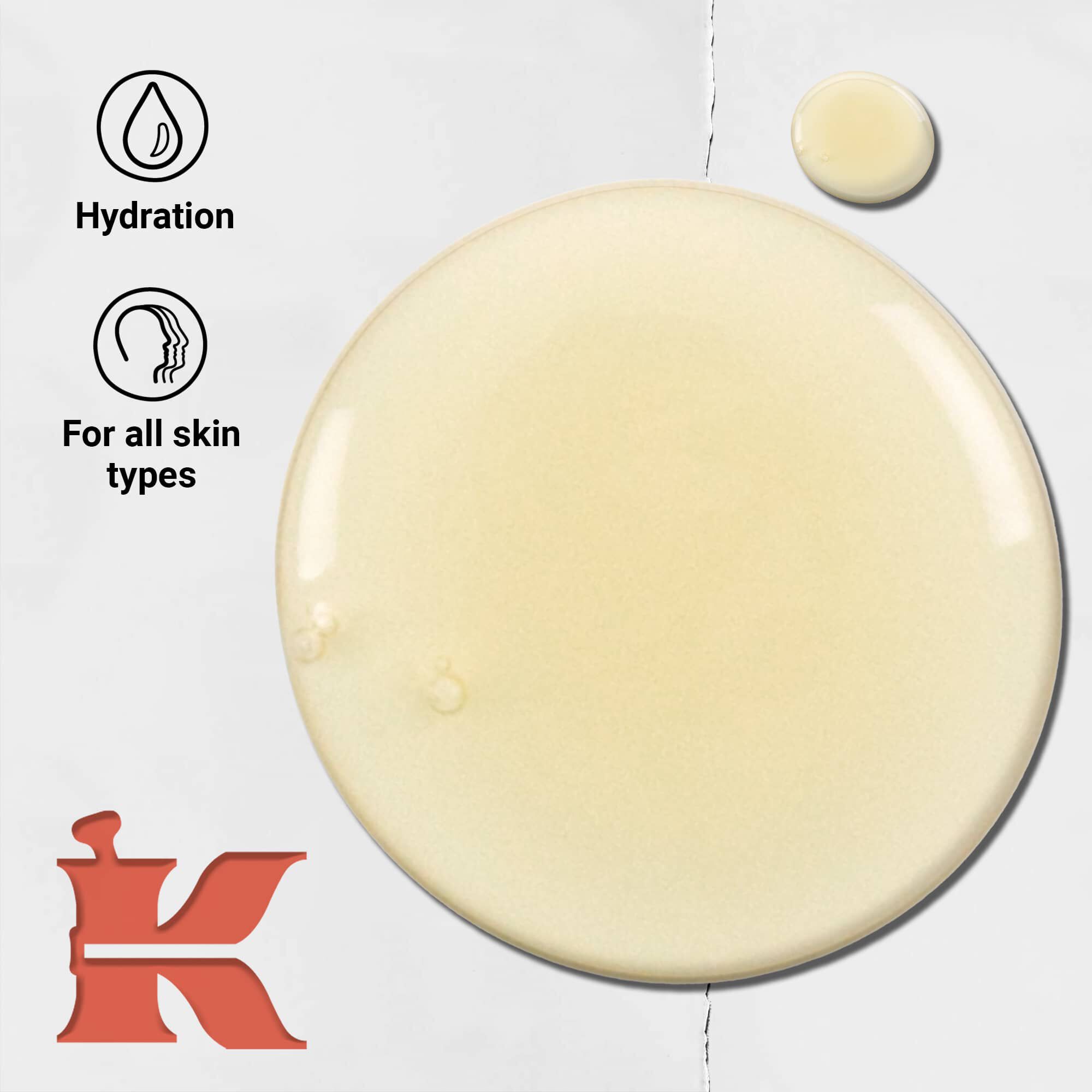 Foto van de Grapefruit Liquid Body Cleanser-textuur met iconen die hydratatie aangeven en dat het geschikt is voor alle huidtypes