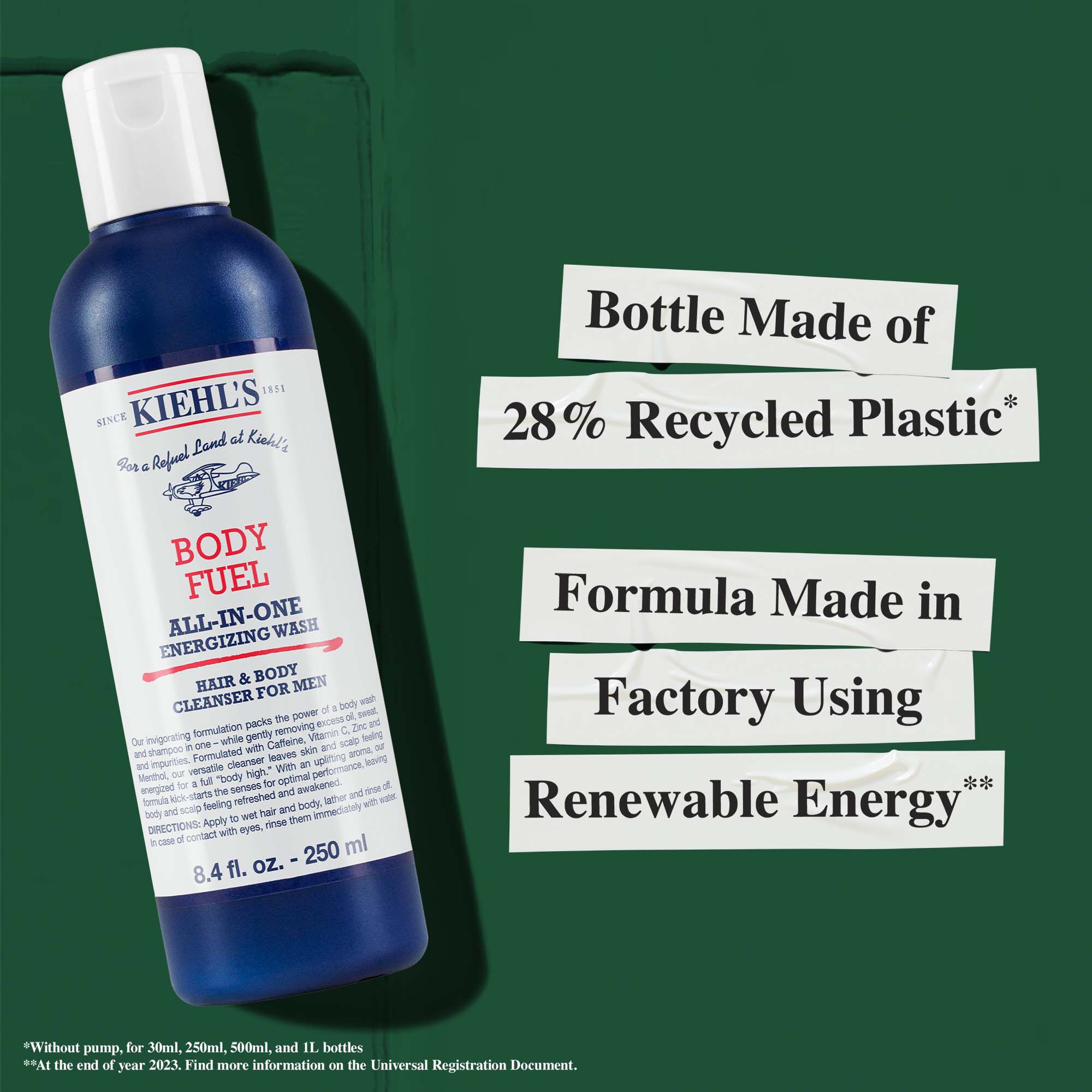 Body Fuel flacon gemaakt van 28% gerecycled plastic; formule geproduceerd in een fabriek die hernieuwbare energie gebruikt.