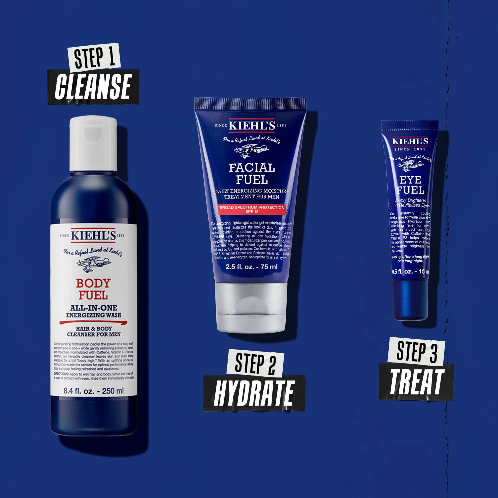 Drie-staps Body Fuel-routine: Stap 1: Wassen. Stap 2: Hydrateren met Facial Fuel Treatment. Stap 3: Facial Fuel Eye Fuel Oogcreme.