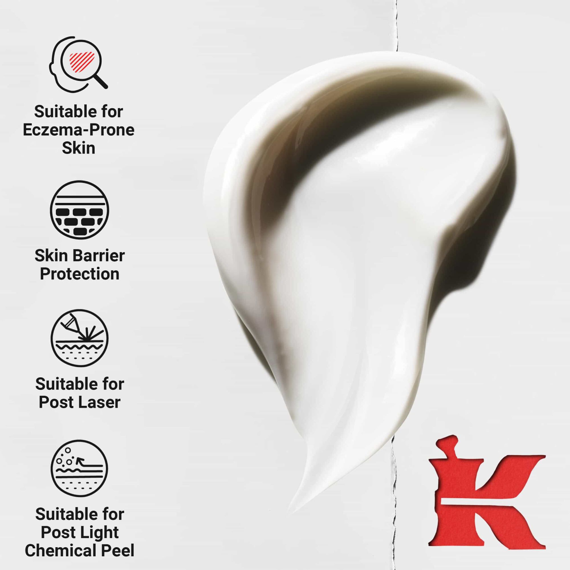 Dynamische krul van dikke creme; iconen benadrukken de voordelen: geschikt voor huid met neiging tot eczeem, barrierebescherming, na laserbehandeling en na een lichte chemische peeling.