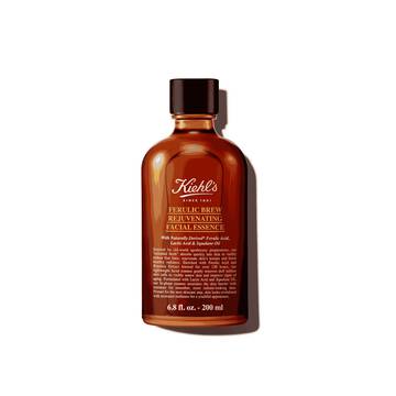 A graphic featuring a dark amber bottle of Kiehl's Ferulic Brew Facial Essence with a black cap. The label has white and yellow text that reads “200 ml". 