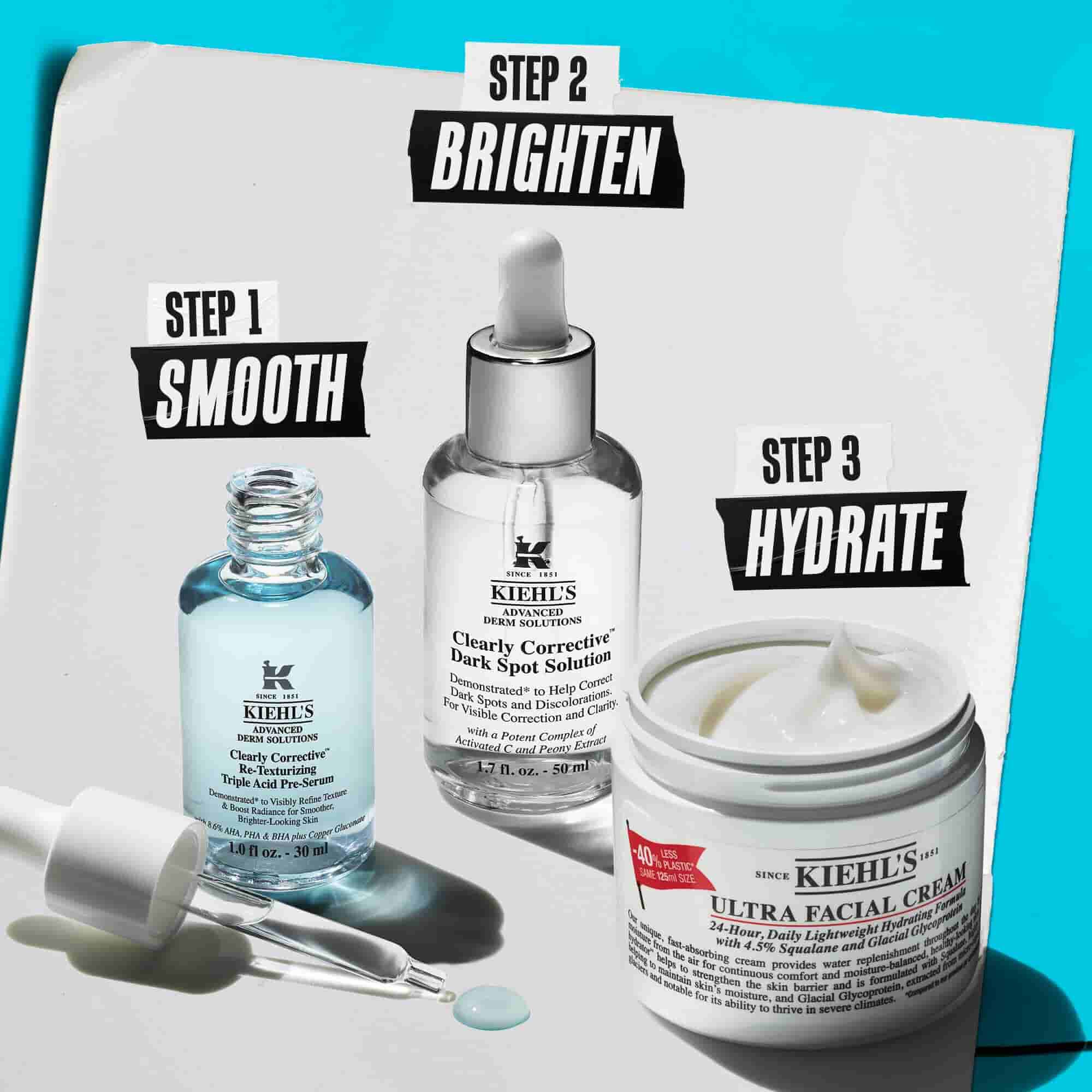 Twee Kiehl's producten op een wit oppervlak met een blauwe achtergrond: Clearly Corrective Triple Acid Peel en Retinol Skin-Renewing Daily Micro-Dose Serum.