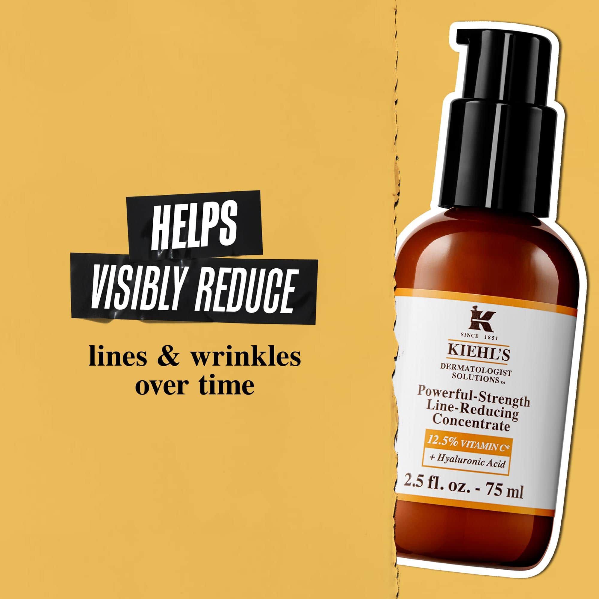 Een fles Powerful-Strength Line-Reducing Concentrate tegen een gouden achtergrond. Tekst luidt: "Helpt lijntjes en rimpels na verloop van tijd zichtbaar te verminderen."