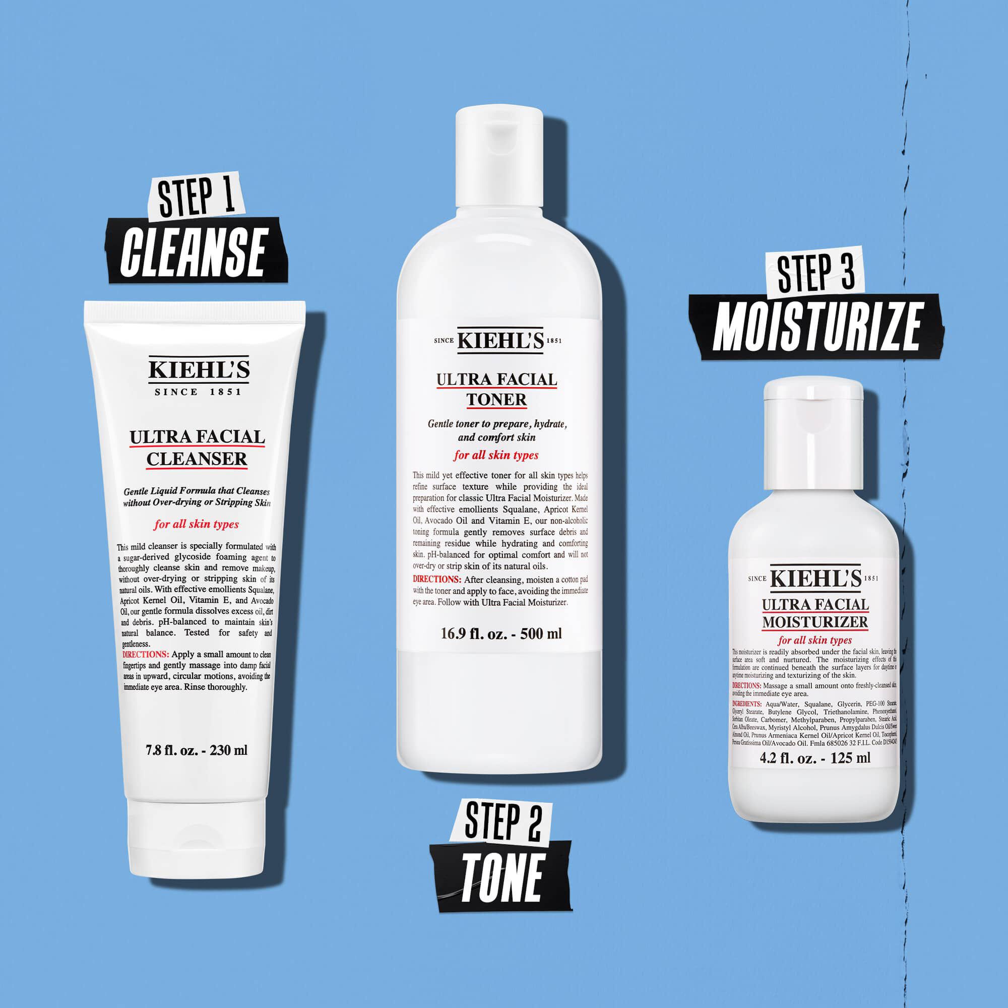 Illustratie van de Kiehl's Ultra Facial Moisturizer-routine – Reinigen, Tonifieren, Hydrateren