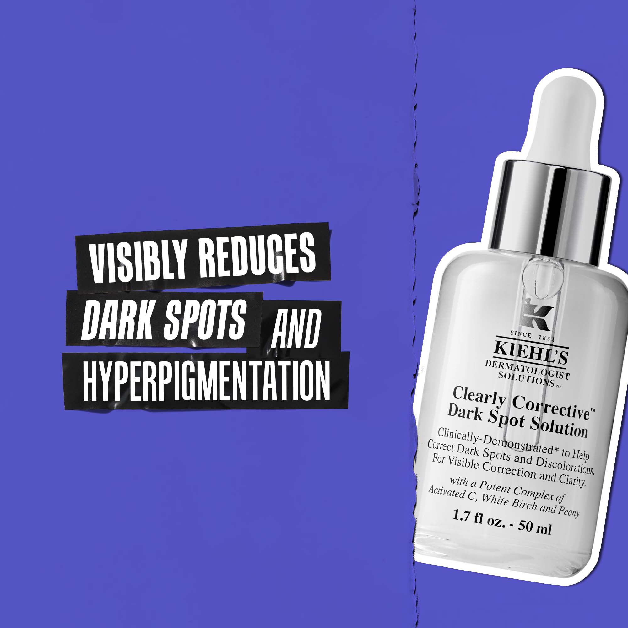Fles Clearly Corrective Dark Spot Solution met tekst: Vermindert zichtbaar donkere vlekken en hyperpigmentatie.