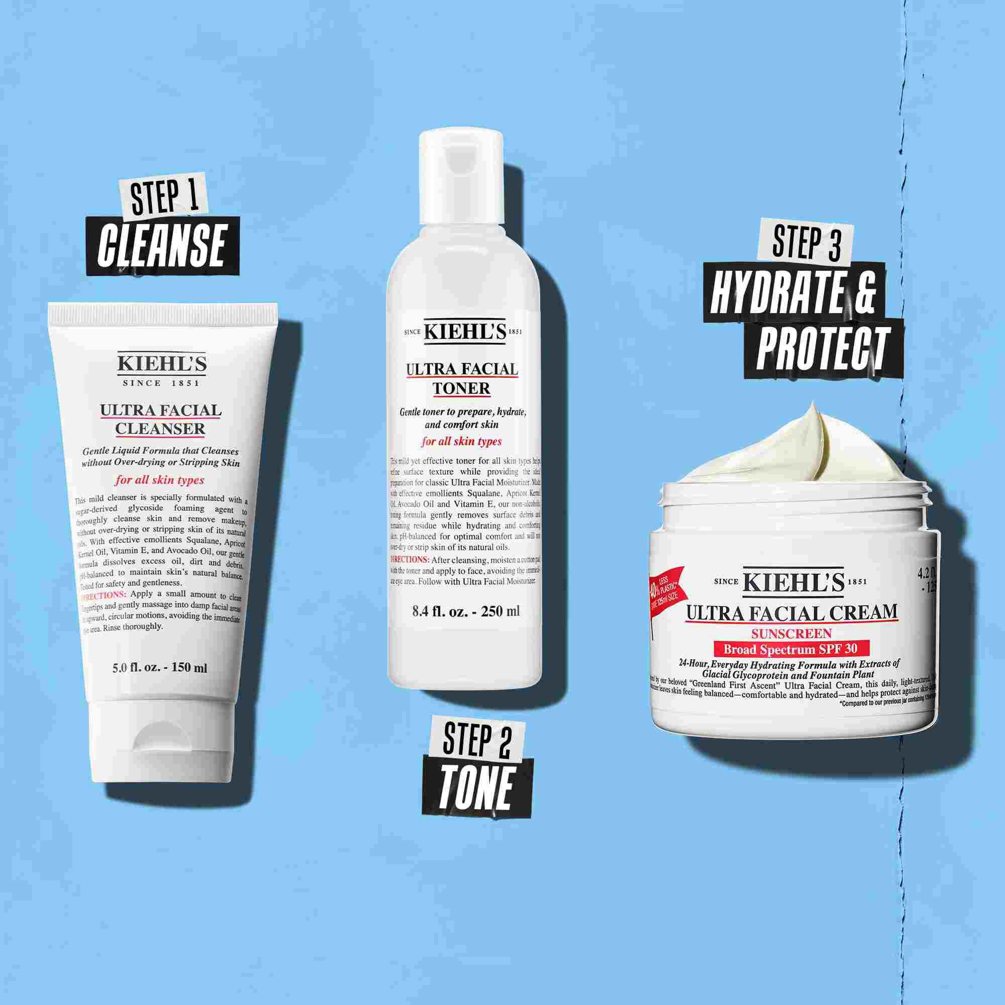 Een routine in drie stappen met Kiehl's producten. Stap 1: Ultra Facial Cleanser. Stap 2: Ultra Facial Toner. Stap 3: Ultra Facial Cream SPF 30.